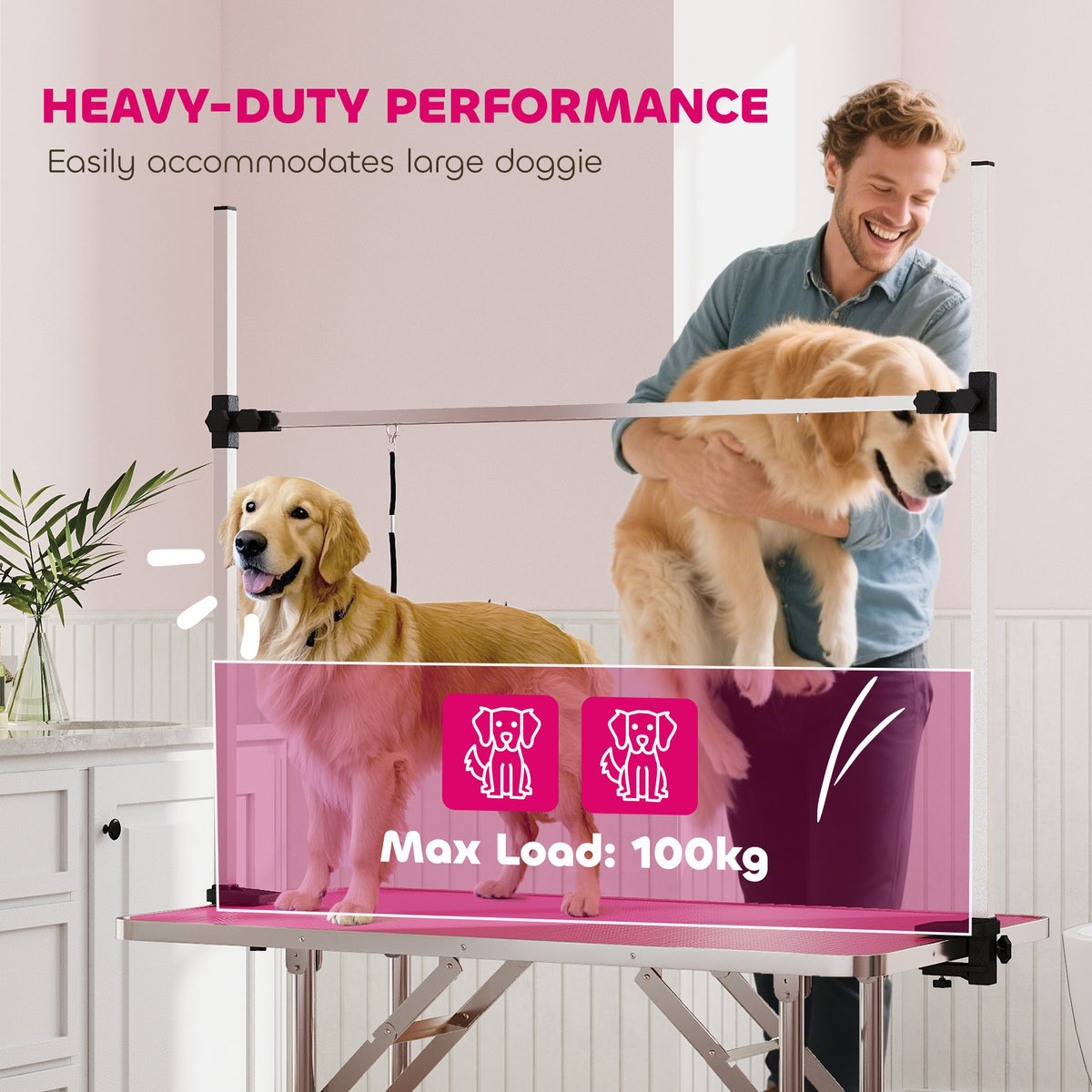 42" Foldable Dog Grooming Table Adjustable Pet Cat Drying Beauty Table Rubber Top with 2 Loops Storage Basket Metal Pink