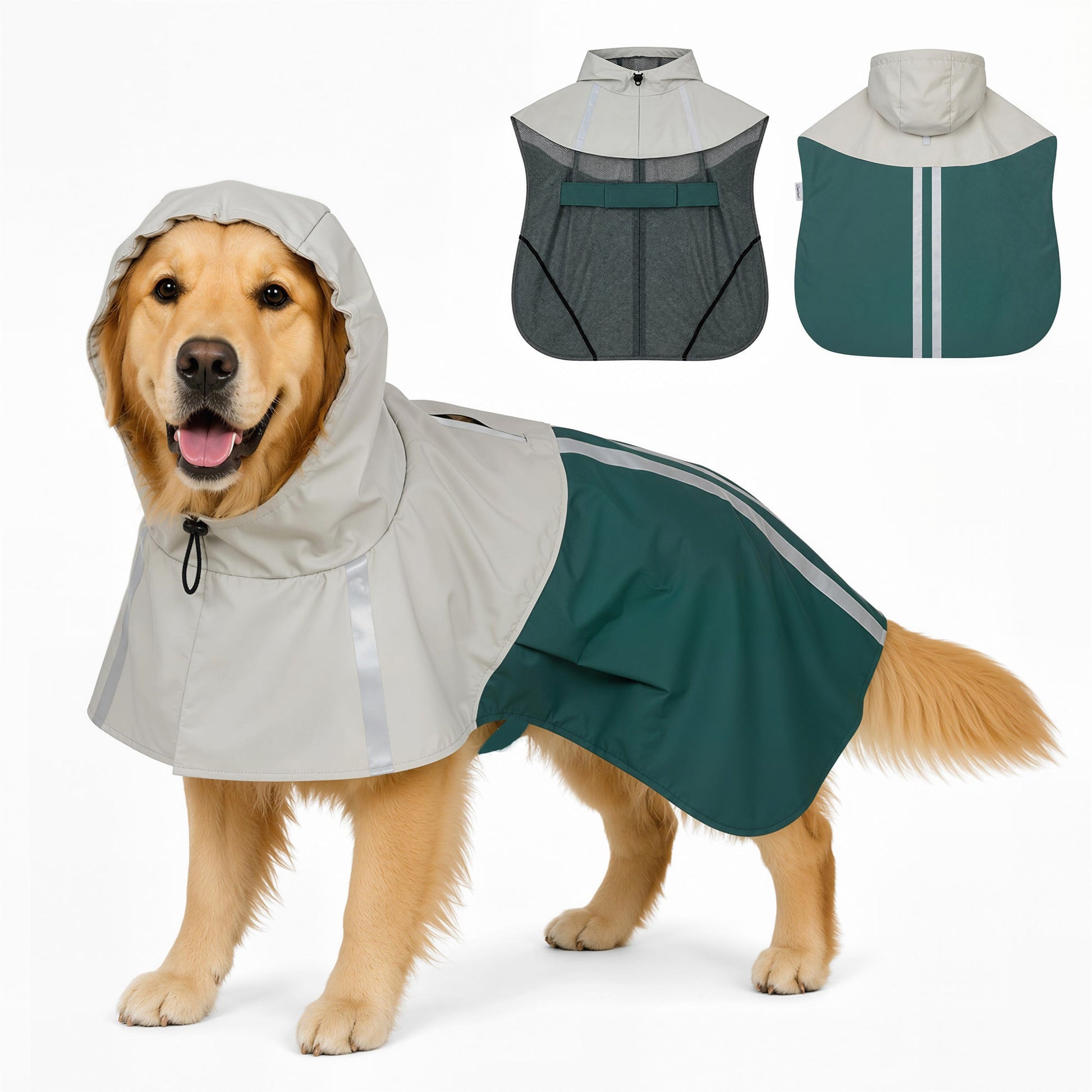 Dog Raincoat with Hood, Waterproof & Breathable Rain Jacket with Reflective Strips and Leash Hole, Adjustable Poncho for Large Dogs, 20-30 KG Available, Green, L