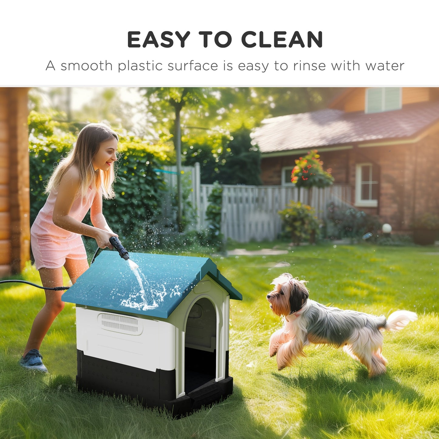 Dog Kennel for Outside, Plastic Dog House, Water-Resistant Pet Shelter with Windows, for Garden Patio, Miniature Dogs, 64.5 x 57 x 66cm - Blue