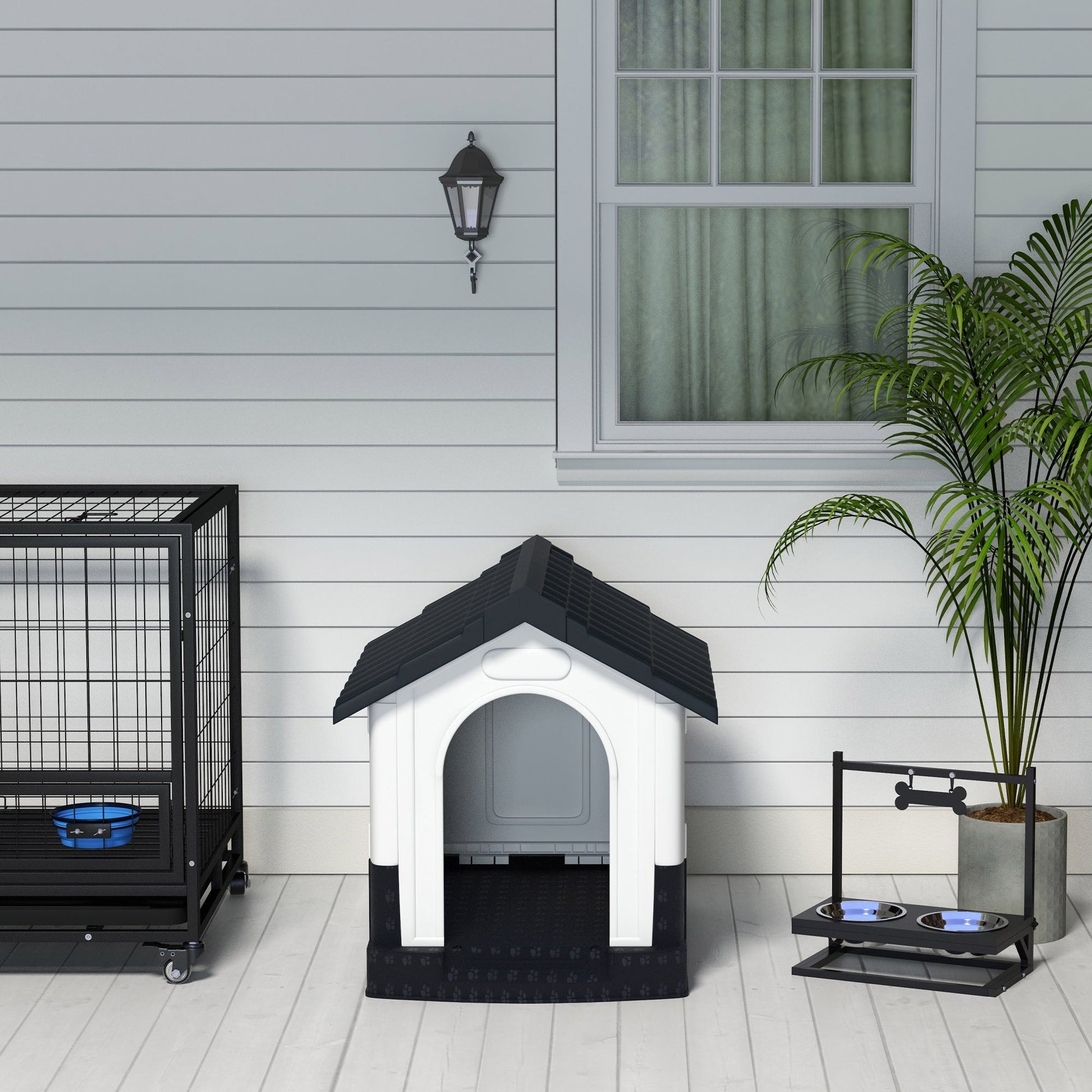 Dog Kennel for Outside, Plastic Dog House, Water-Resistant Pet Shelter with Windows, for Garden Patio, Miniature and Small Dogs, 80 x 69 x 76cm - Grey