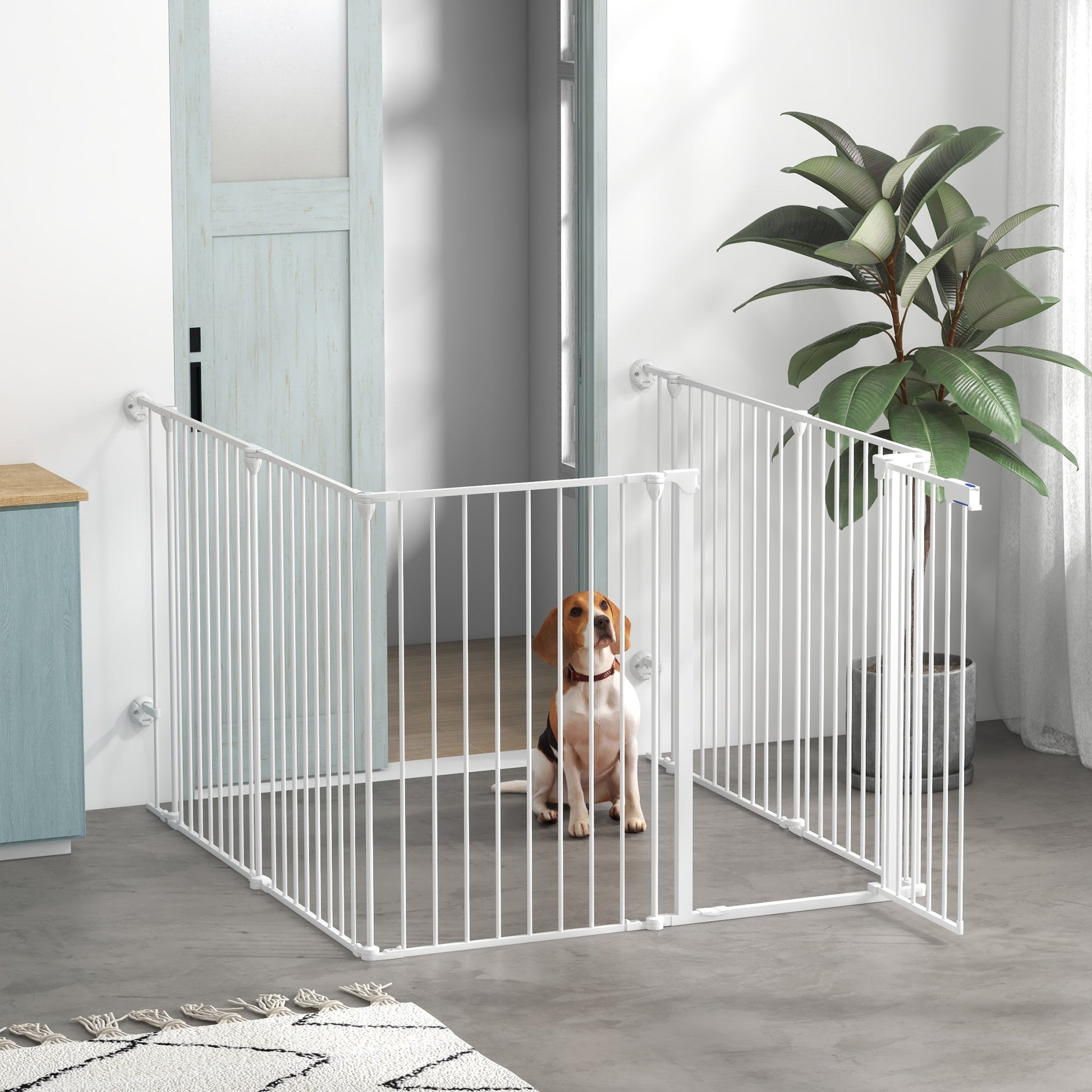 2 in 1 Multifunctional Dog Pen, Safety Pet Gate, 6 Panels Dog Playpen with Double-Locking Door, Foldable Dog Barrier for Medium Dogs, 90Hcm - White