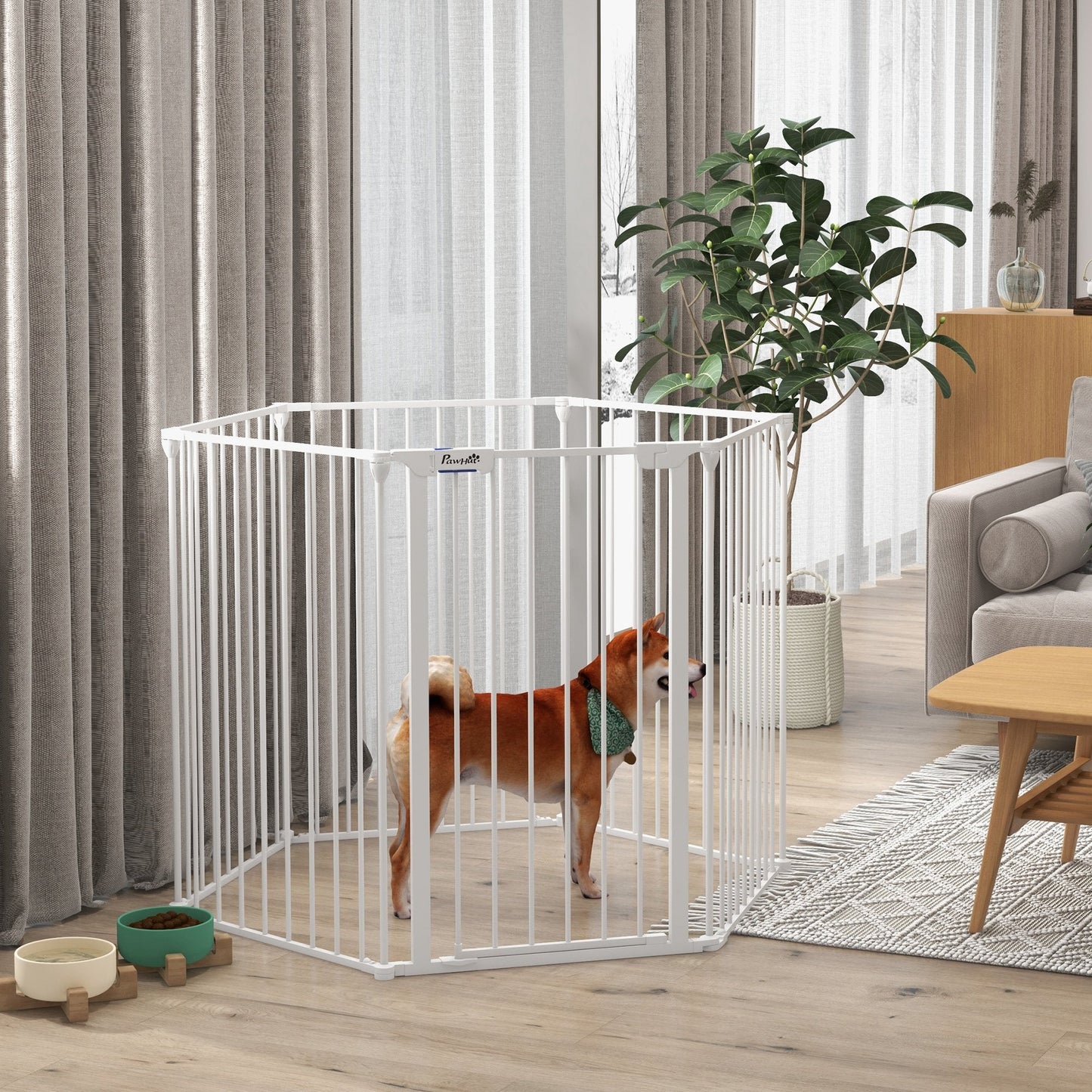 2 in 1 Multifunctional Dog Pen, Safety Pet Gate, 6 Panels Dog Playpen with Double-Locking Door, Foldable Dog Barrier for Medium Dogs, 90Hcm - White