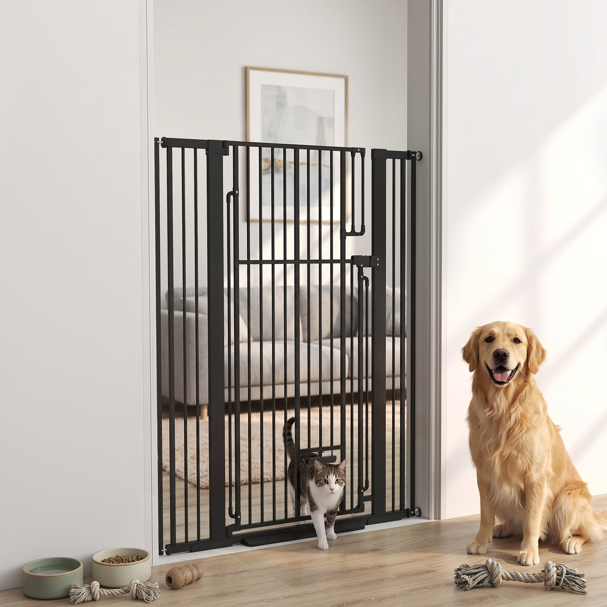 135cm Tall Pet Gate with Cat Door, 81-108 cm Wide Adjustable Pressure Mounted Dog Gate for Doorways, Hallways, Stairs, Includes 2 Extensions, No Drilling, Black