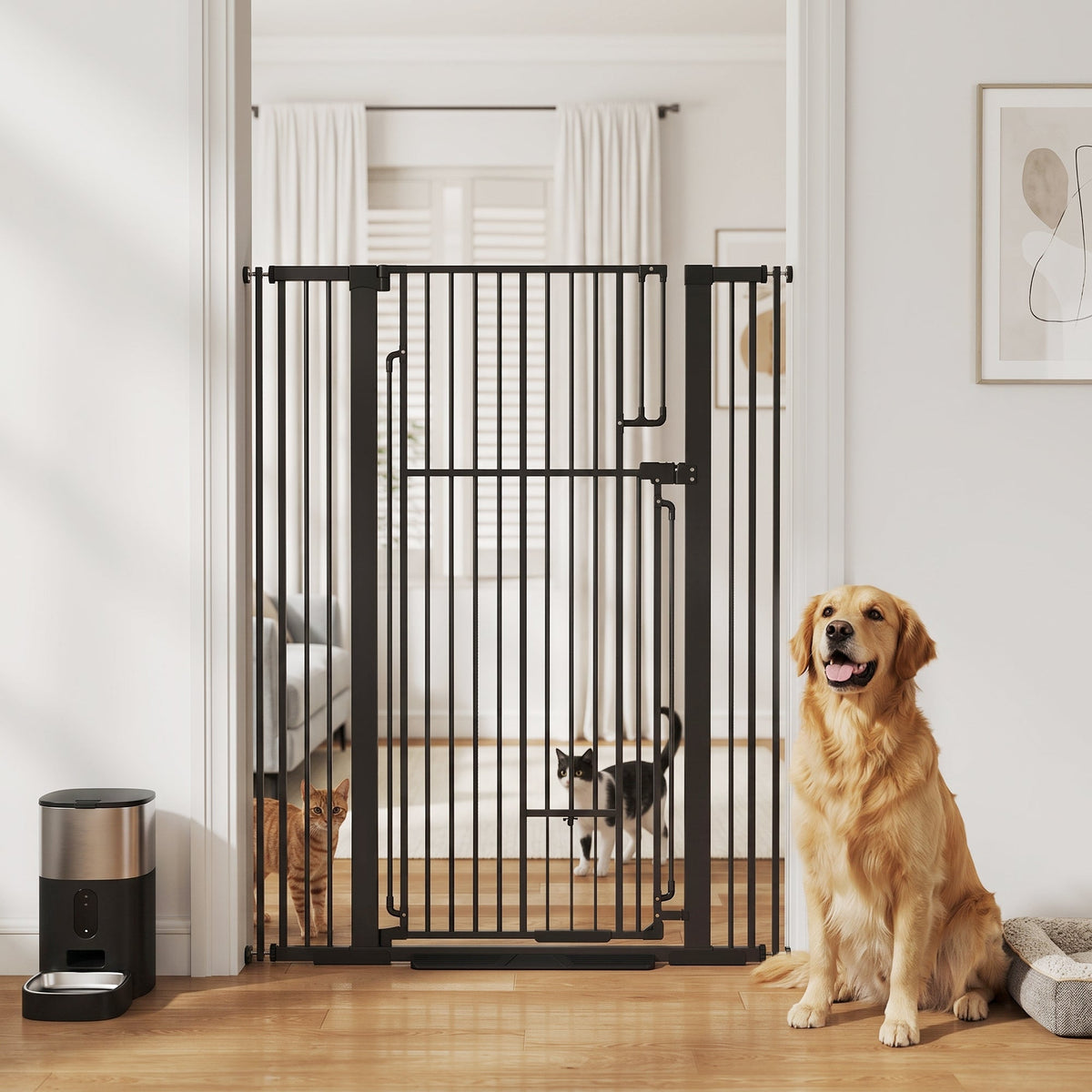 135cm Tall Pet Gate with Cat Door, 81-108 cm Wide Adjustable Pressure Mounted Dog Gate for Doorways, Hallways, Stairs, Includes 2 Extensions, No Drilling, Black