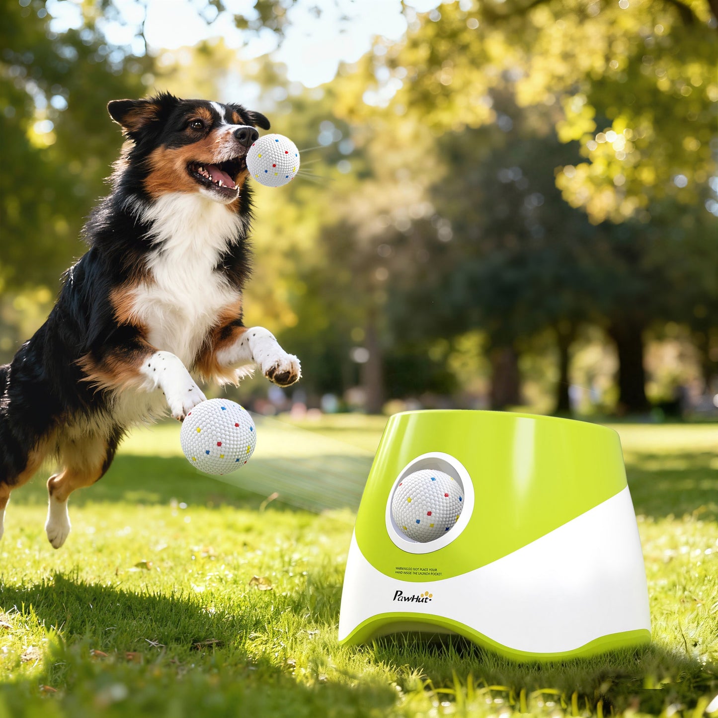 Automatic Dog Ball Launcher with 5 ETPU Tennis Balls, Dog Ball Thrower with 3 Distance Settings (20/33/46ft), Indoor Outdoor Interactive Toy for Small Medium Dogs, Green