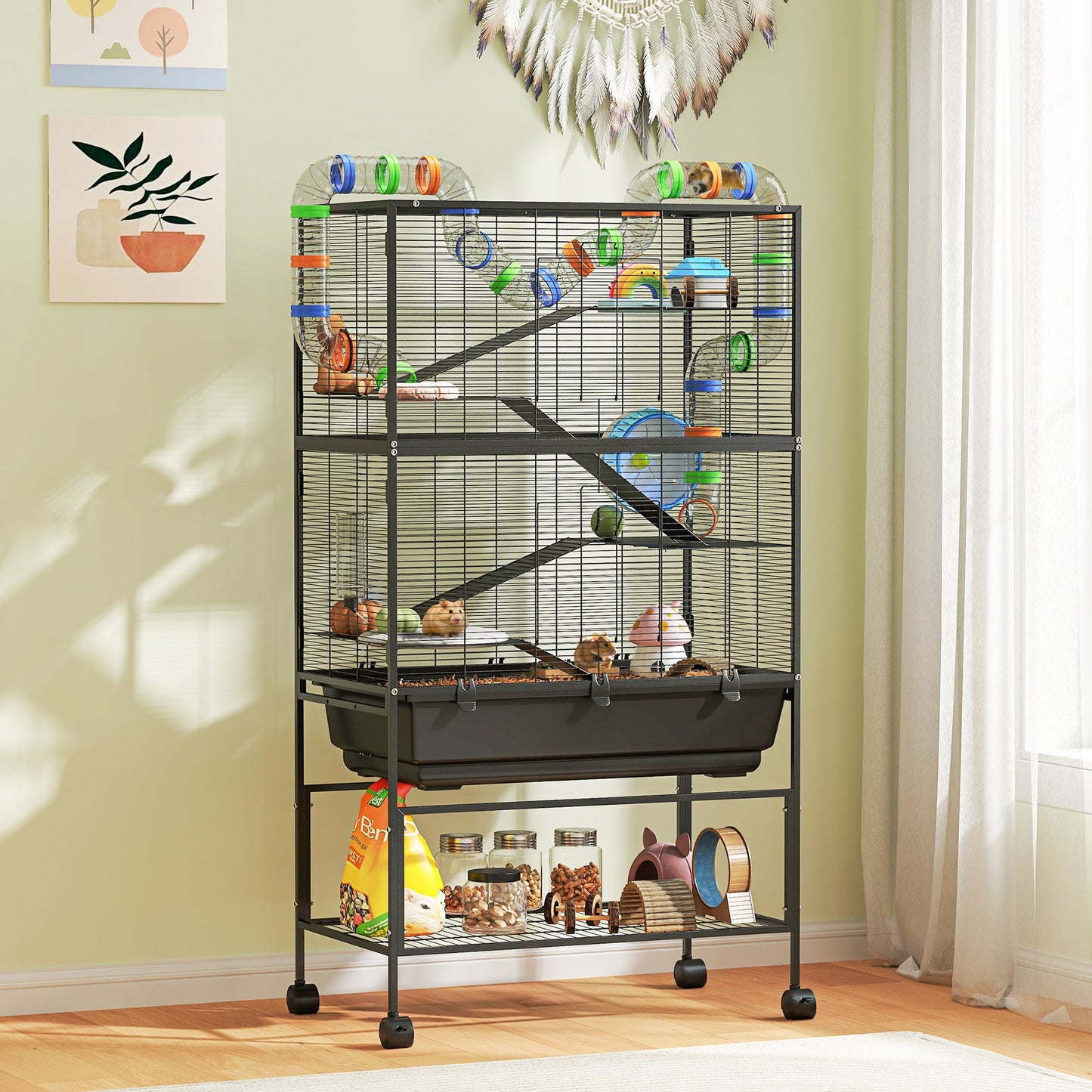 Hamster Cage, 5 Tier Large Gerbil Cage on Wheels with 17 cm Deep Tray, Storage Shelf, Big Exercise Wheel, Tube System, Hut, Platforms, Ramps, Food Dish, Water Bottle, for Syrian Hamsters, Rats