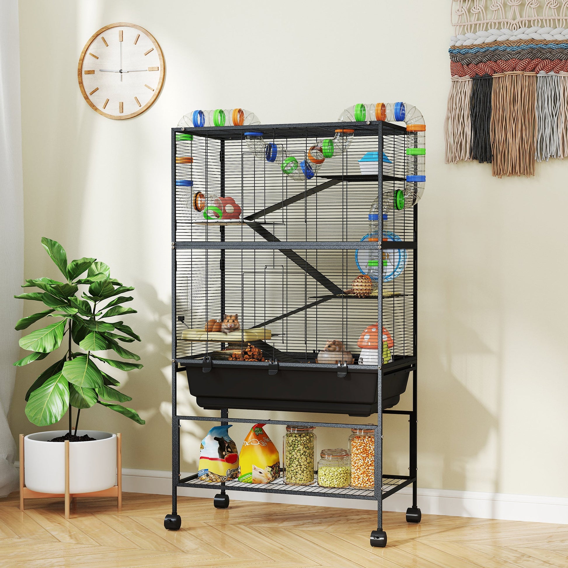 Hamster Cage, 5 Tier Large Gerbil Cage on Wheels with 17 cm Deep Tray, Storage Shelf, Big Exercise Wheel, Tube System, Hut, Platforms, Ramps, Food Dish, Water Bottle, for Syrian Hamsters, Rats