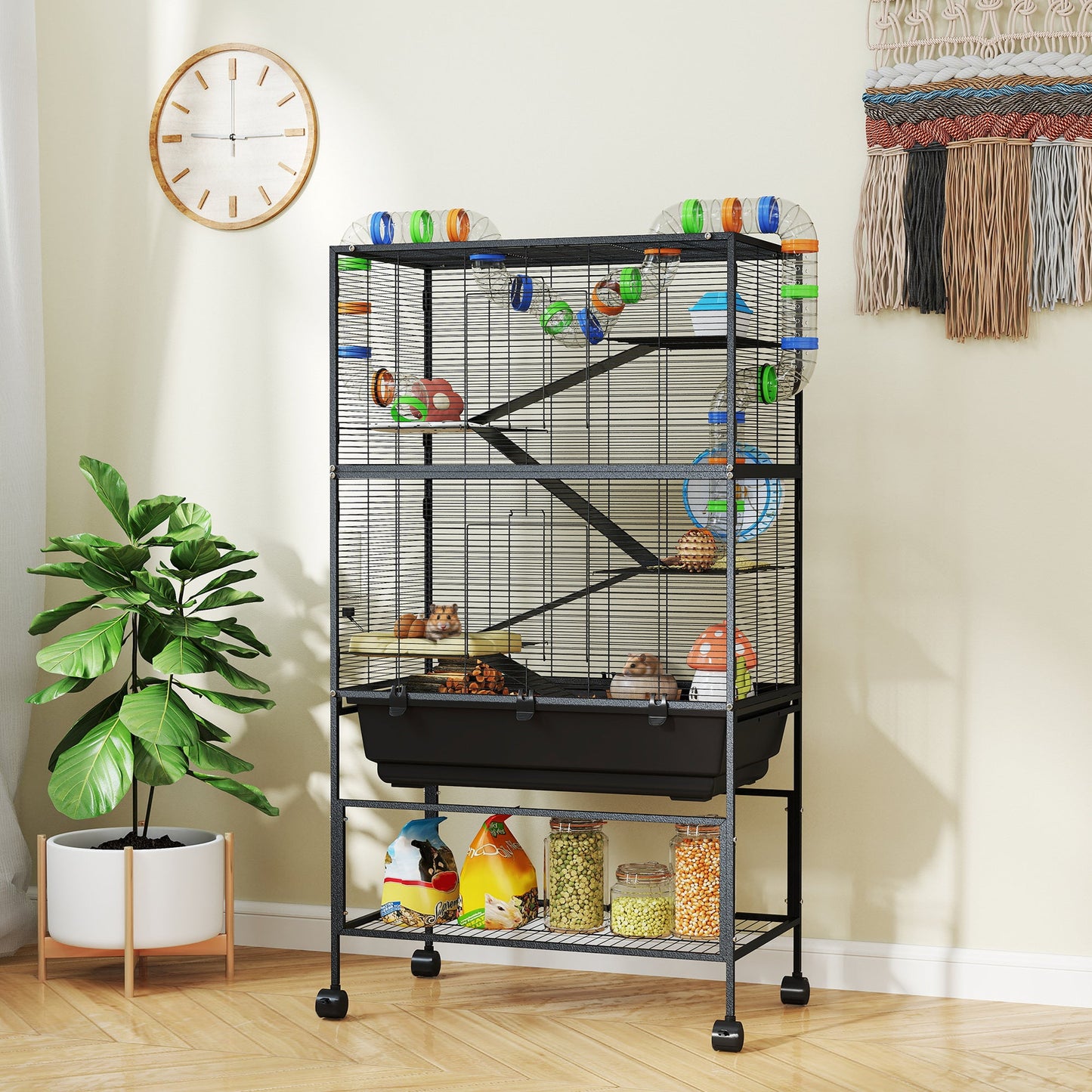Hamster Cage, 5 Tier Large Gerbil Cage on Wheels with 17 cm Deep Tray, Storage Shelf, Big Exercise Wheel, Tube System, Hut, Platforms, Ramps, Food Dish, Water Bottle, for Syrian Hamsters, Rats