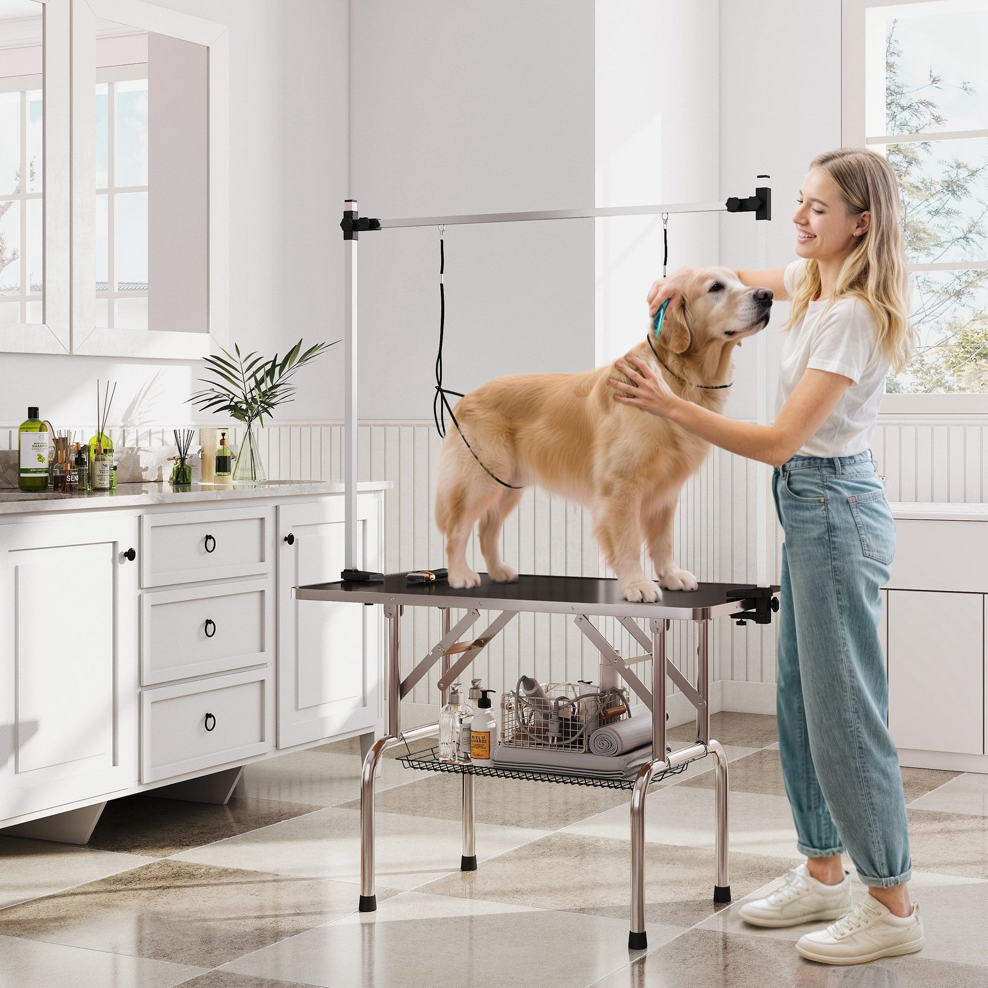 42" Foldable Dog Grooming Table Adjustable Pet Cat Drying Beauty Table Rubber Top with 2 Loops Storage Basket Metal Black