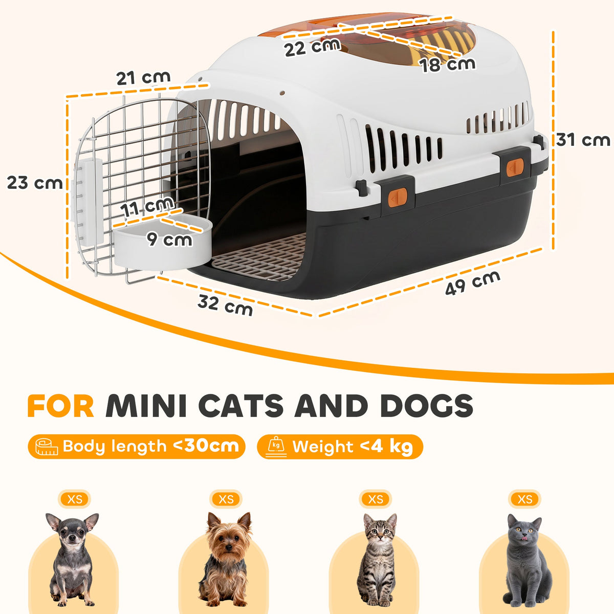 Plastic Cat Carrier, Transport Top Load Pet Carrier Travel Box for Small Dogs and Cats Max 4 KG, 49 x 32 x 31 cm, Steel Door, Feed Bowl, Secure Lock