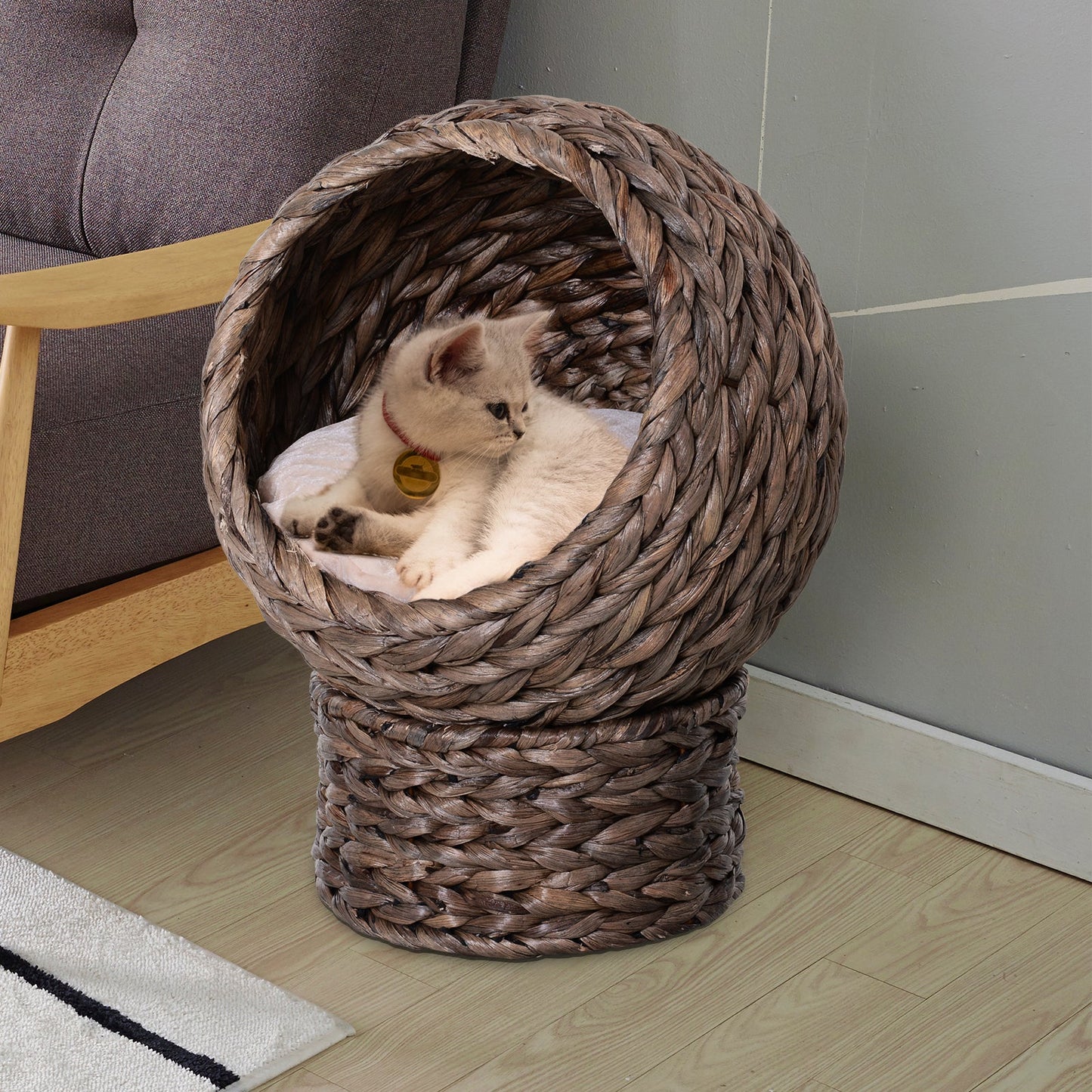 Wicker Cat House, Raised Cat Bed with Cylindrical Base, Soft Washable Cushion, Woven Water Hyacinth Cat Basket for Indoor and Outdoor, 42 x 33 x 52 cm - Dark Brown