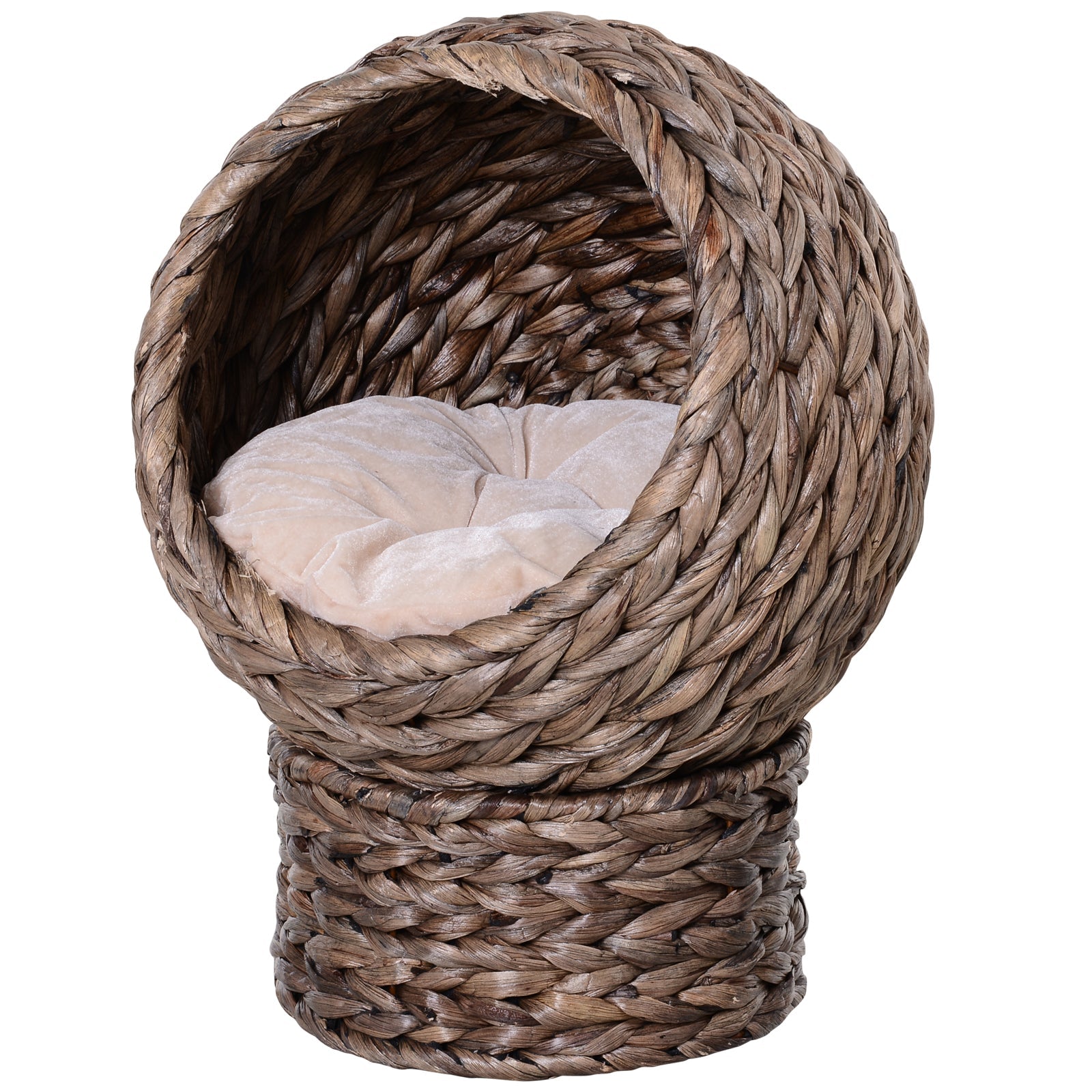 Wicker Cat House, Raised Cat Bed with Cylindrical Base, Soft Washable Cushion, Woven Water Hyacinth Cat Basket for Indoor and Outdoor, 42 x 33 x 52 cm - Dark Brown