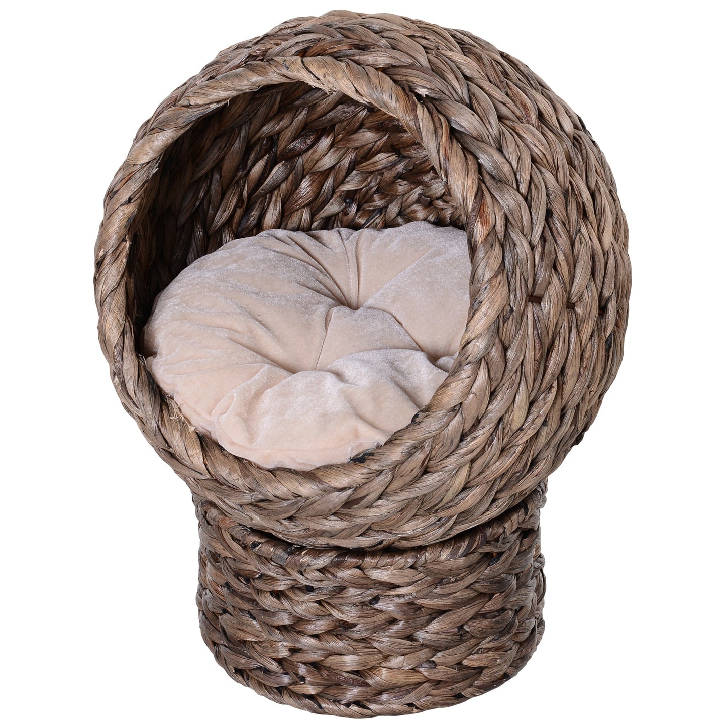 Wicker Cat House, Raised Cat Bed with Cylindrical Base, Soft Washable Cushion, Woven Water Hyacinth Cat Basket for Indoor and Outdoor, 42 x 33 x 52 cm - Dark Brown