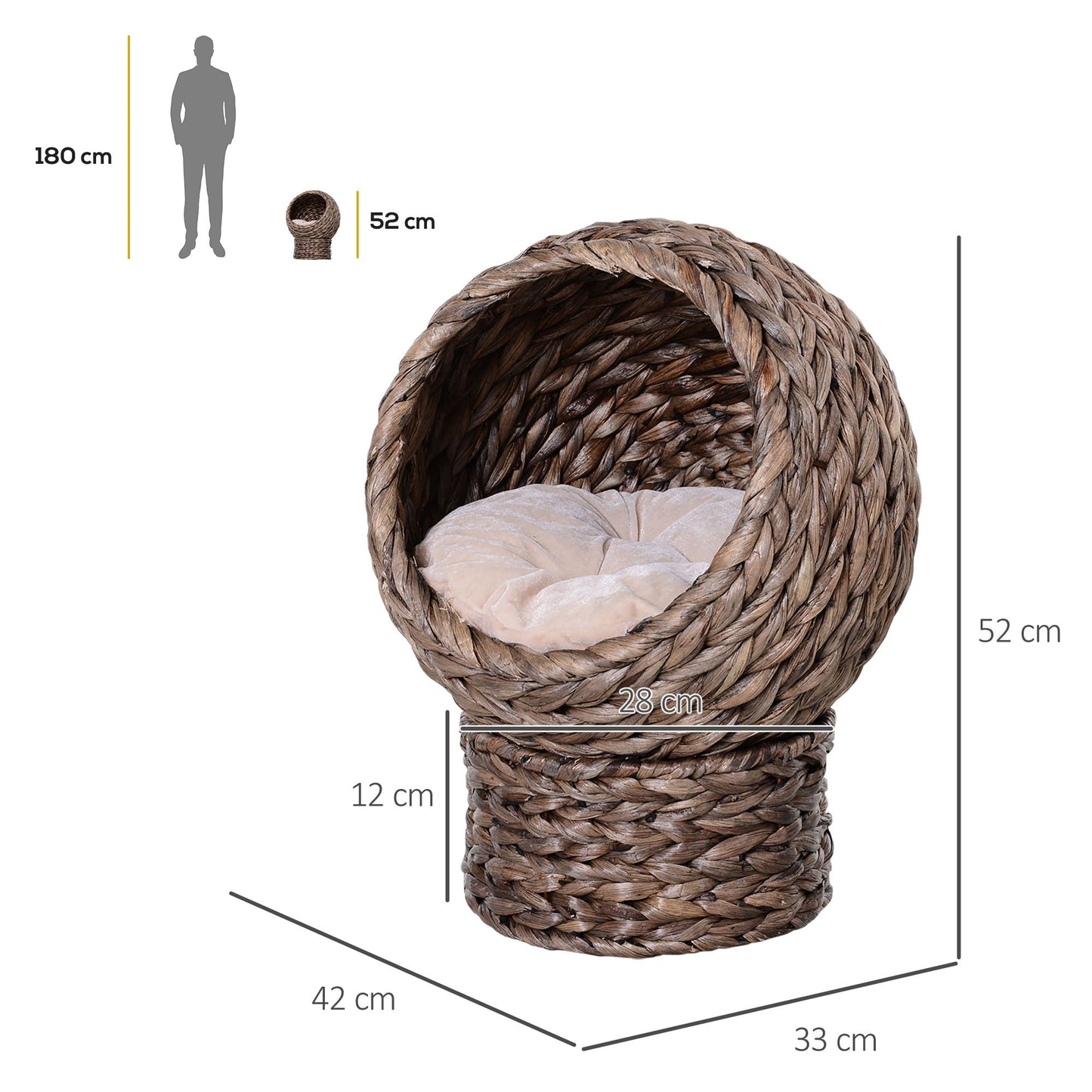 Wicker Cat House, Raised Cat Bed with Cylindrical Base, Soft Washable Cushion, Woven Water Hyacinth Cat Basket for Indoor and Outdoor, 42 x 33 x 52 cm - Dark Brown