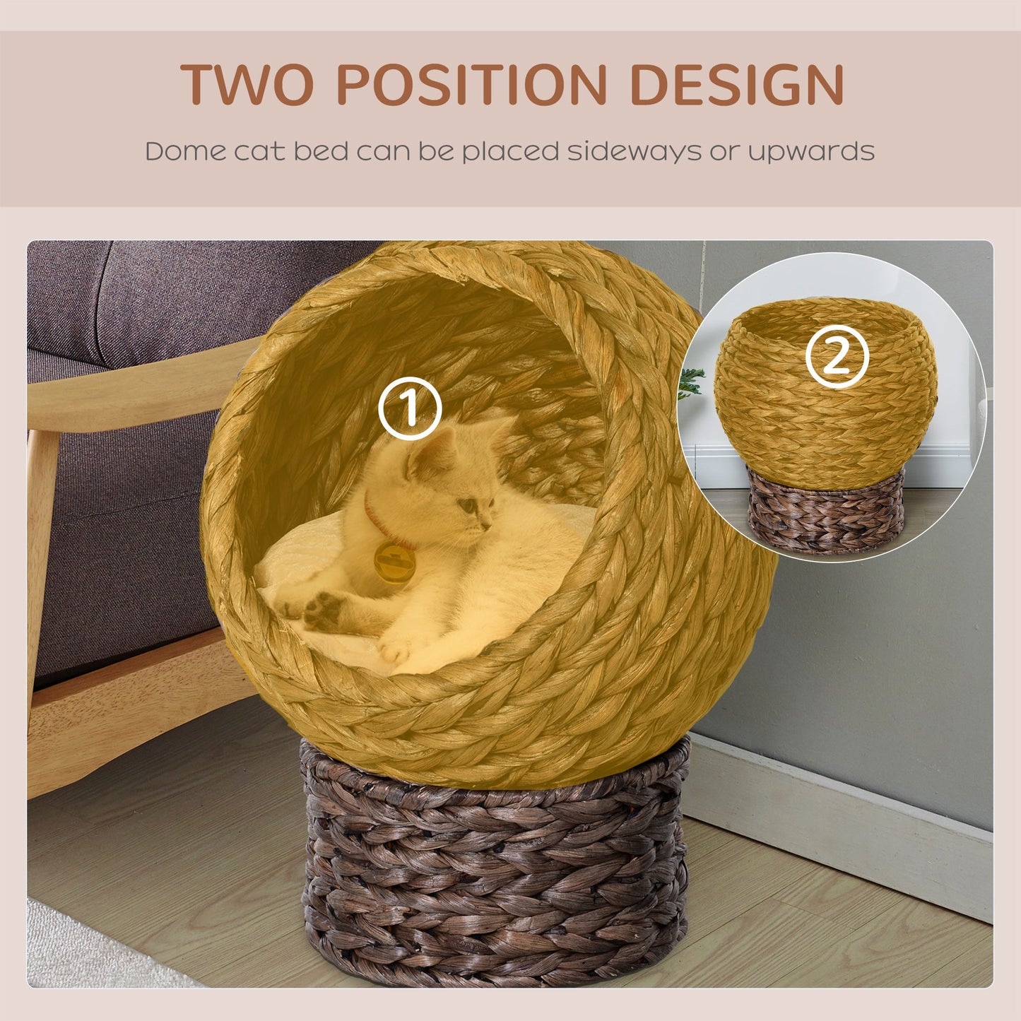 Wicker Cat House, Raised Cat Bed with Cylindrical Base, Soft Washable Cushion, Woven Water Hyacinth Cat Basket for Indoor and Outdoor, 42 x 33 x 52 cm - Dark Brown
