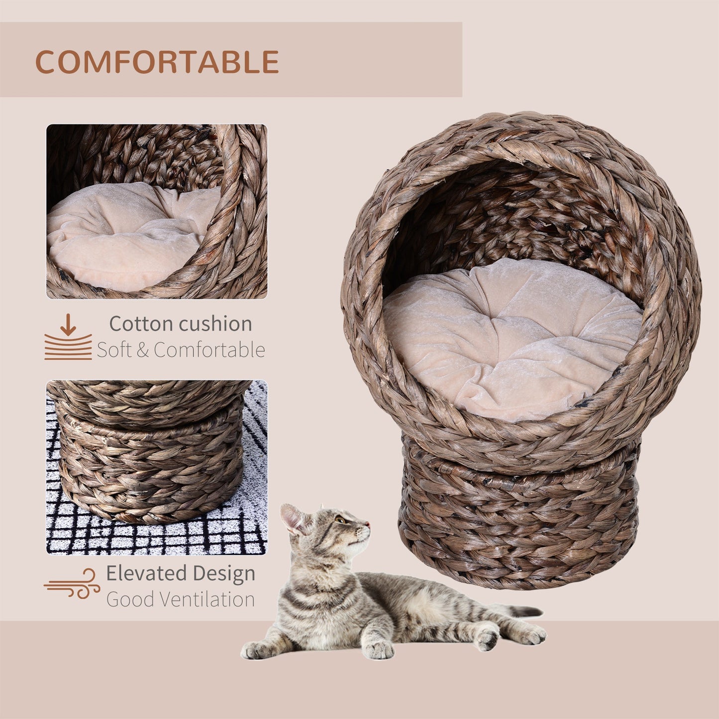 Wicker Cat House, Raised Cat Bed with Cylindrical Base, Soft Washable Cushion, Woven Water Hyacinth Cat Basket for Indoor and Outdoor, 42 x 33 x 52 cm - Dark Brown