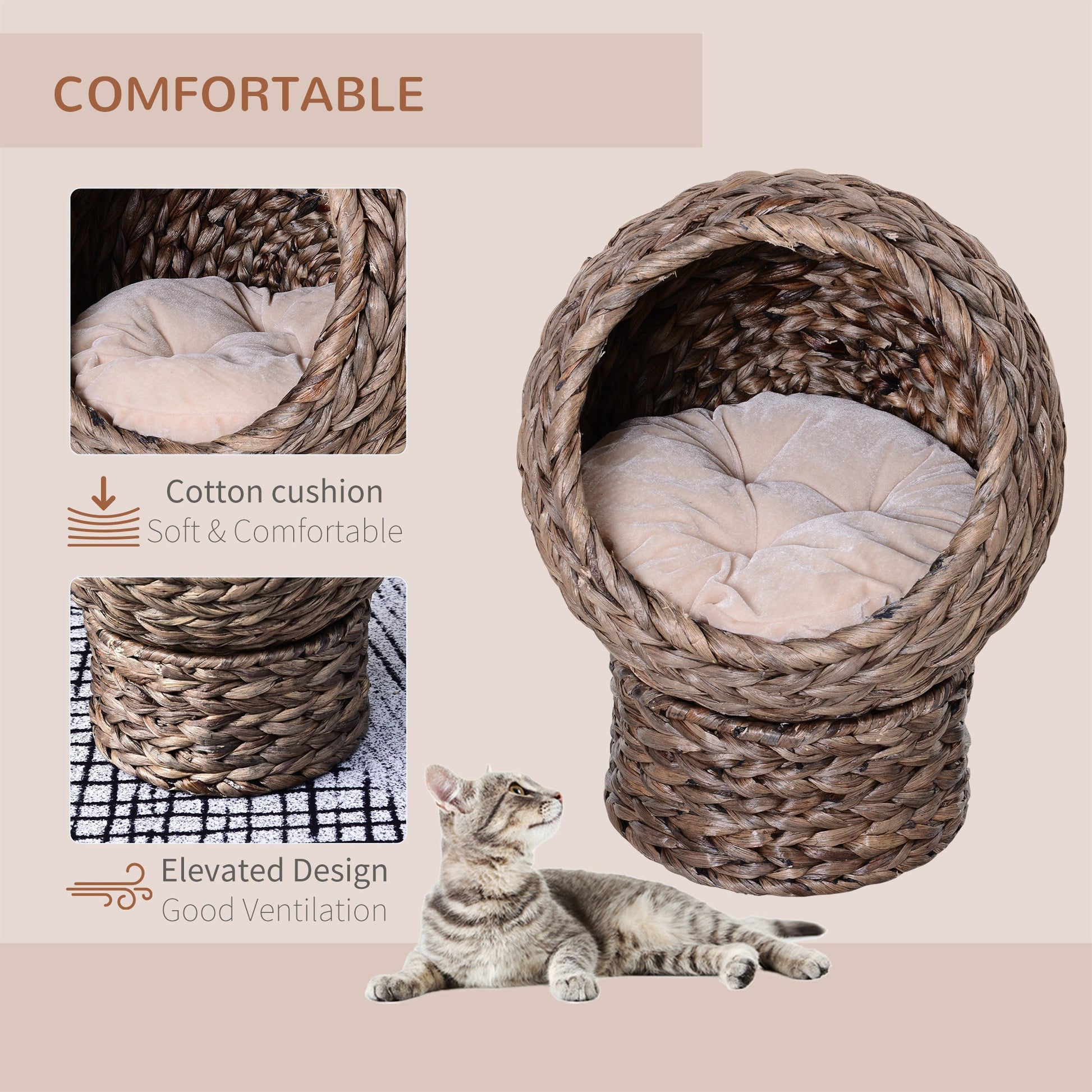 Wicker Cat House, Raised Cat Bed with Cylindrical Base, Soft Washable Cushion, Woven Water Hyacinth Cat Basket for Indoor and Outdoor, 42 x 33 x 52 cm - Dark Brown