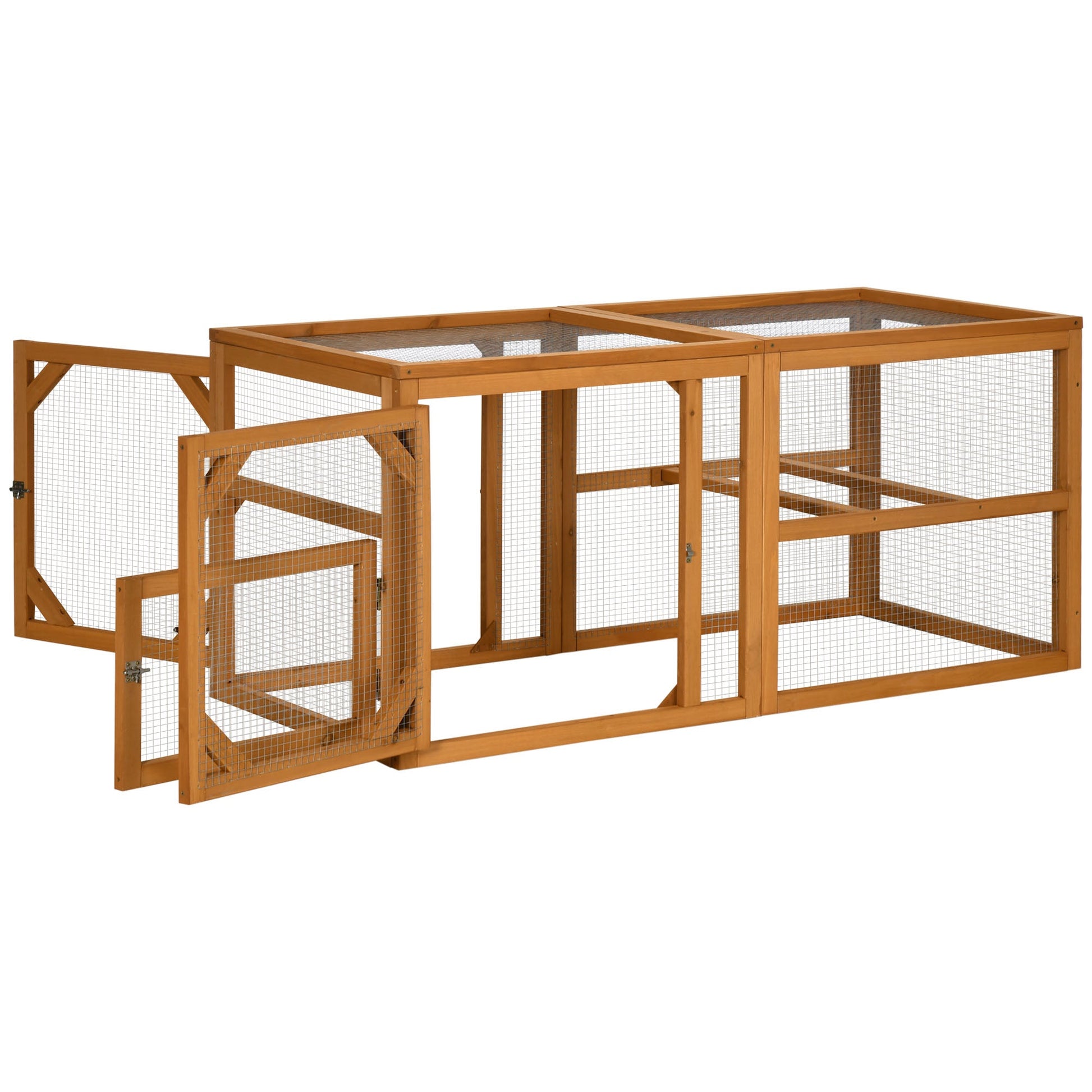 Wooden Chicken Run Hen Coop House Combinable Design w/ Perches, Doors, for 2-4 Chickens, 140 x 61 x 63.5cm - Natural Wood Tone