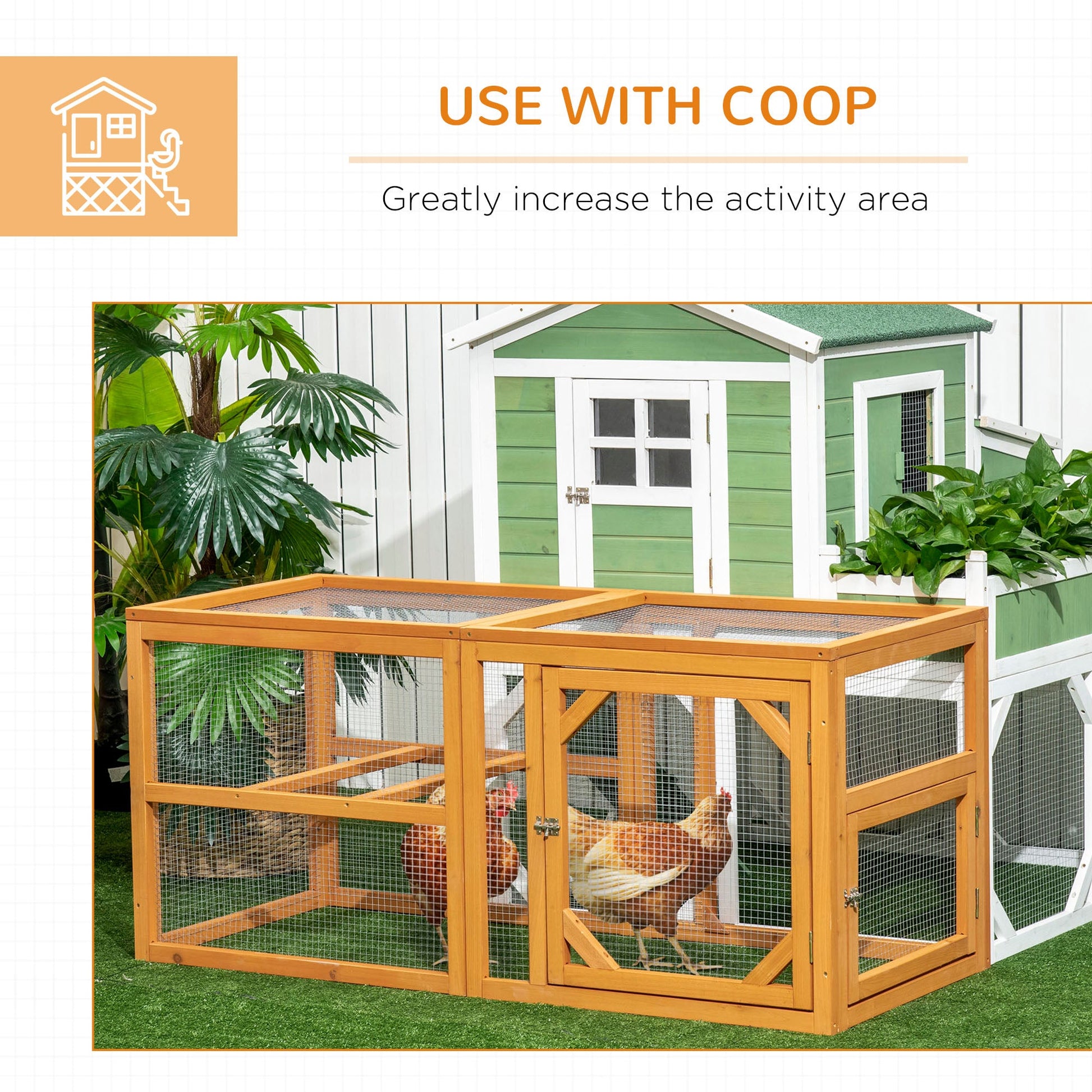 Wooden Chicken Run Hen Coop House Combinable Design w/ Perches, Doors, for 2-4 Chickens, 140 x 61 x 63.5cm - Natural Wood Tone