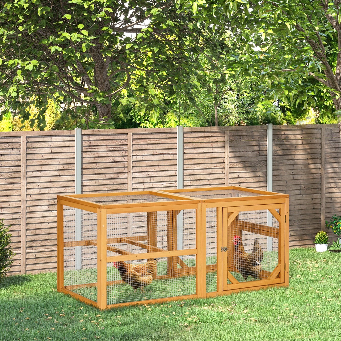 Wooden Chicken Run Hen Coop House Combinable Design w/ Perches, Doors, for 2-4 Chickens, 140 x 61 x 63.5cm - Natural Wood Tone