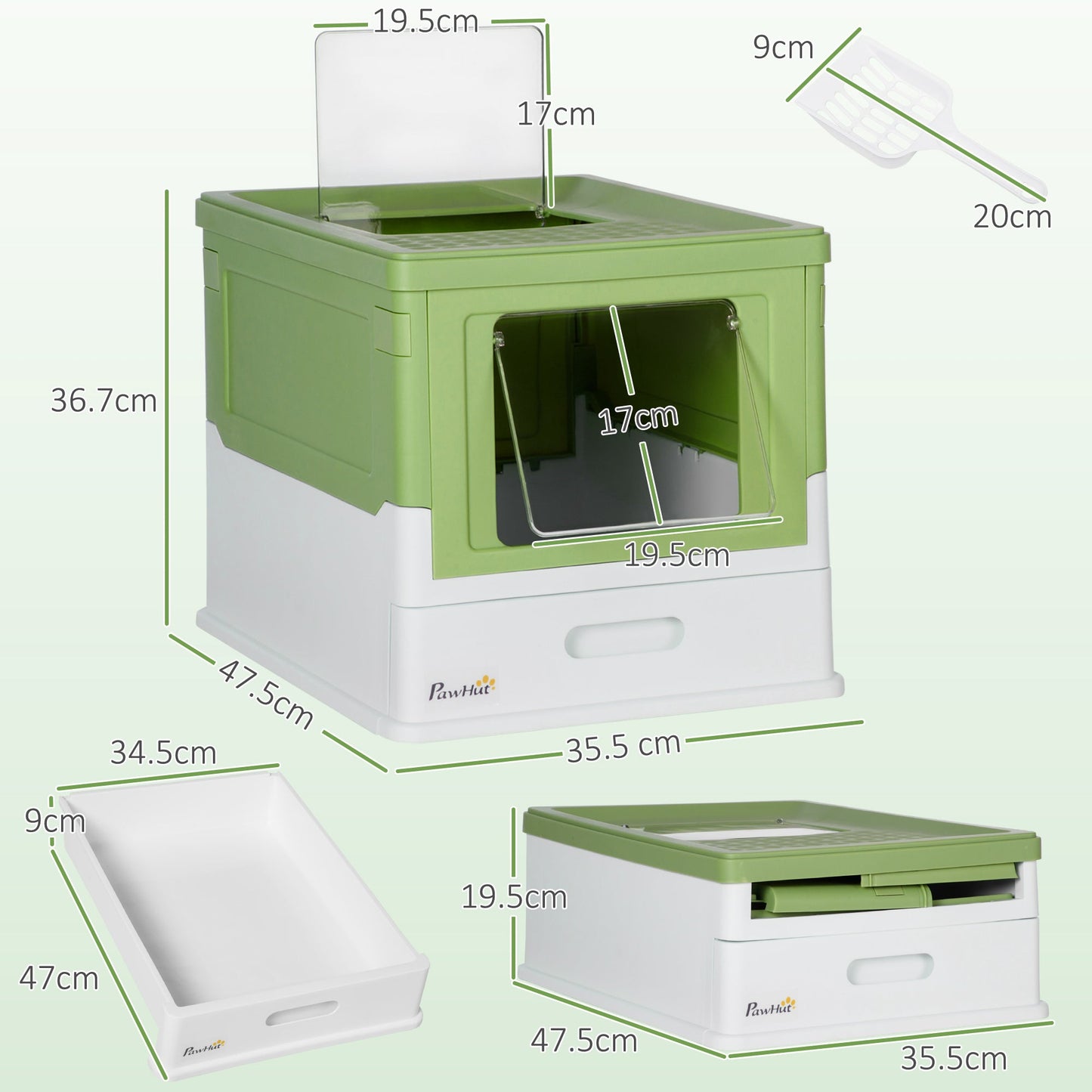 Cat Litter Tray with Hood Enclosed Cat Litter Box Pet Toilet w/ Lid, Scoop, Front Entry, 47.5 x 35.5 x 36.7cm - Light Green