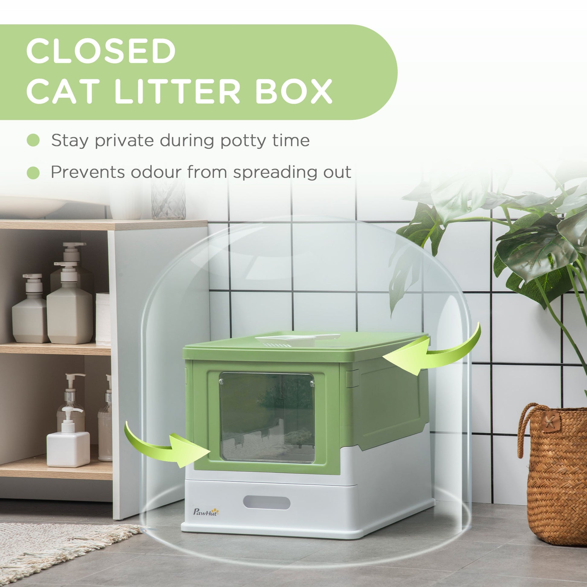 Cat Litter Tray with Hood Enclosed Cat Litter Box Pet Toilet w/ Lid, Scoop, Front Entry, 47.5 x 35.5 x 36.7cm - Light Green