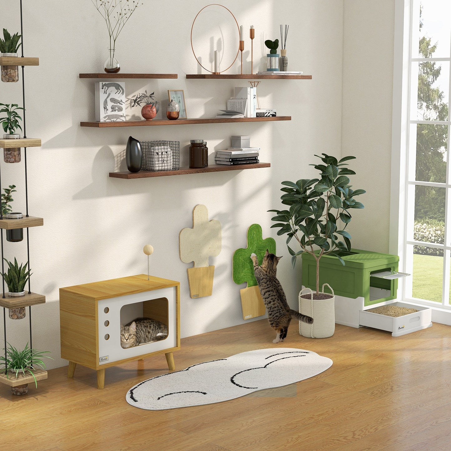 Cat Litter Tray with Hood Enclosed Cat Litter Box Pet Toilet w/ Lid, Scoop, Front Entry, 47.5 x 35.5 x 36.7cm - Light Green