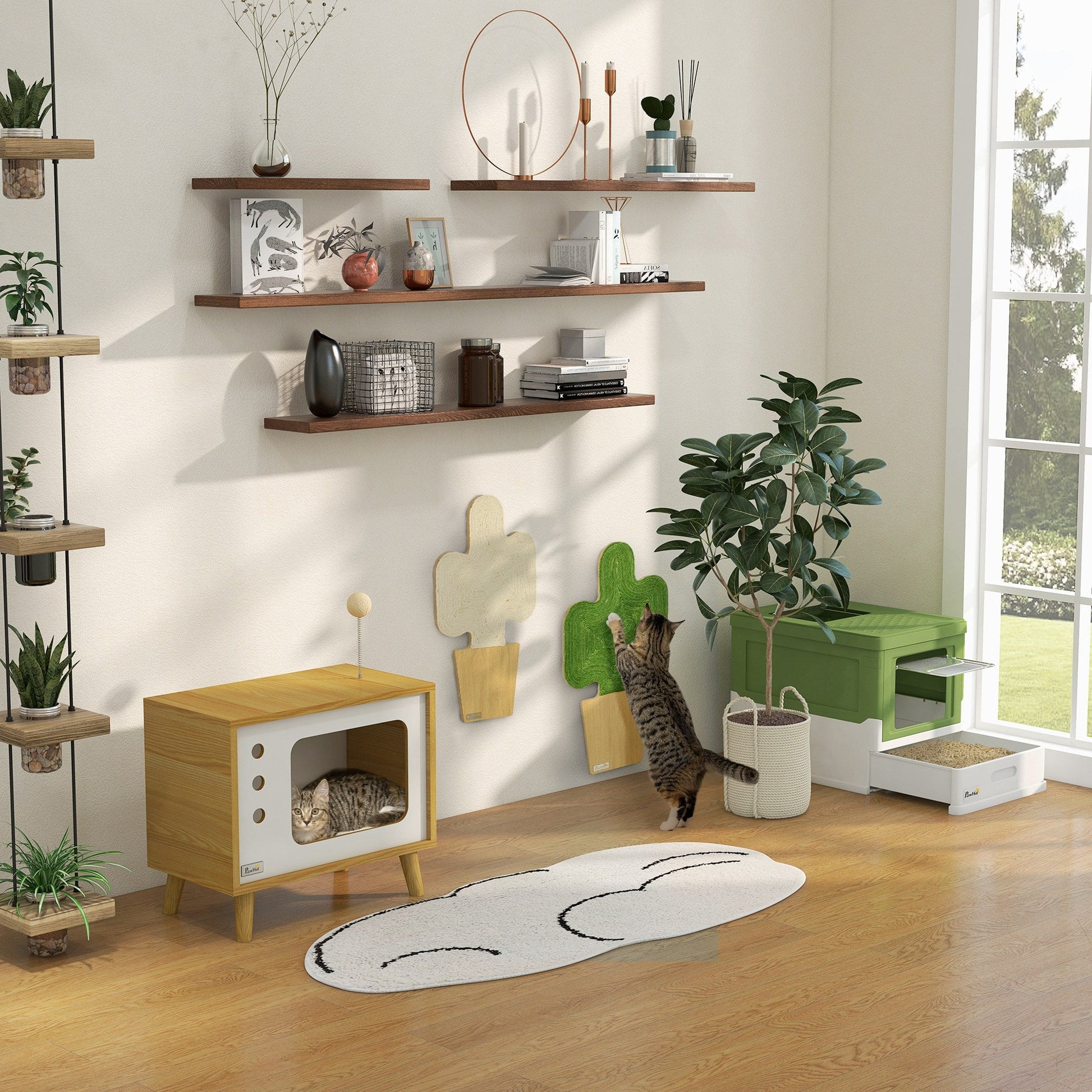 Cat Litter Tray with Hood Enclosed Cat Litter Box Pet Toilet w/ Lid, Scoop, Front Entry, 47.5 x 35.5 x 36.7cm - Light Green