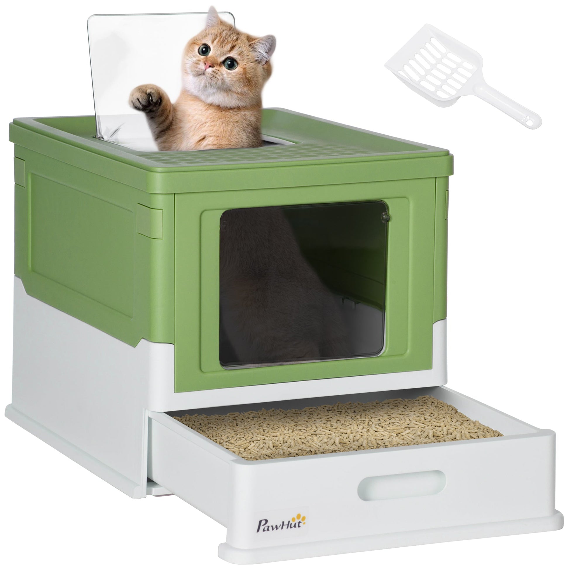 Cat Litter Tray with Hood Enclosed Cat Litter Box Pet Toilet w/ Lid, Scoop, Front Entry, 47.5 x 35.5 x 36.7cm - Light Green