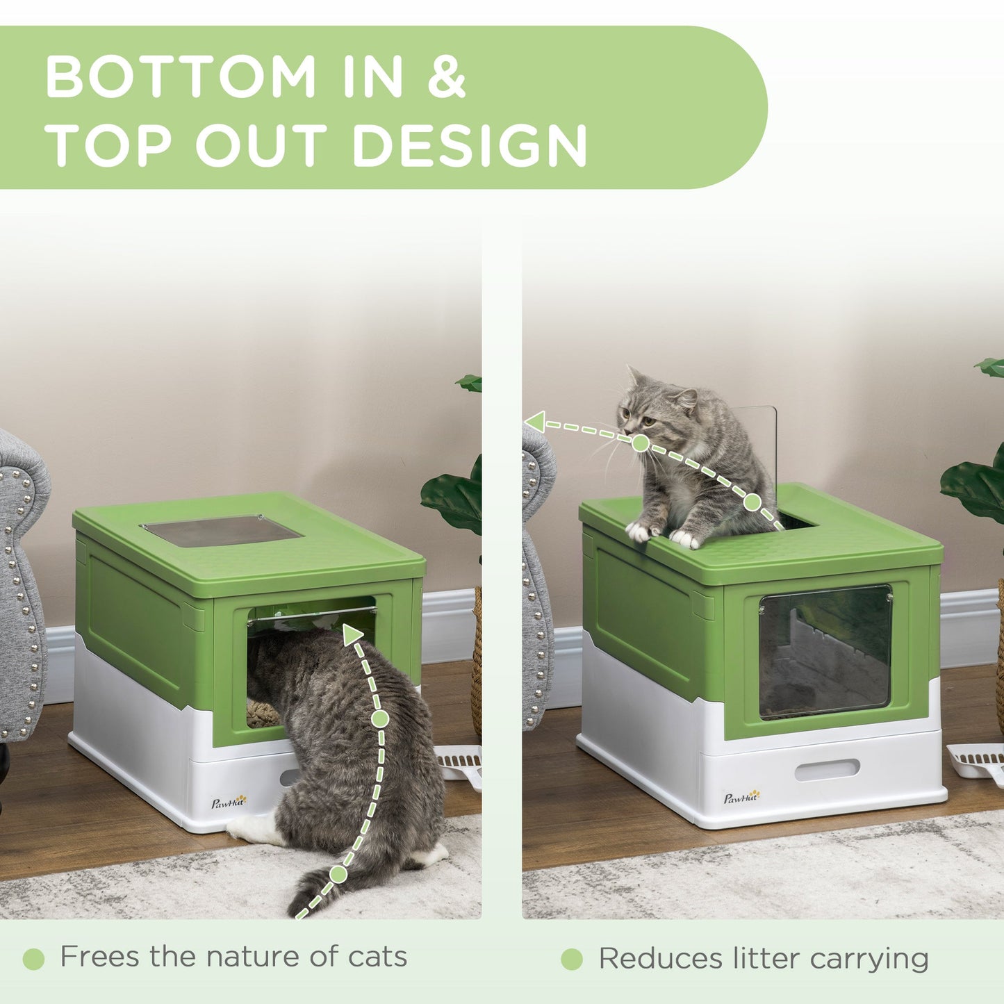 Cat Litter Tray with Hood Enclosed Cat Litter Box Pet Toilet w/ Lid, Scoop, Front Entry, 47.5 x 35.5 x 36.7cm - Light Green