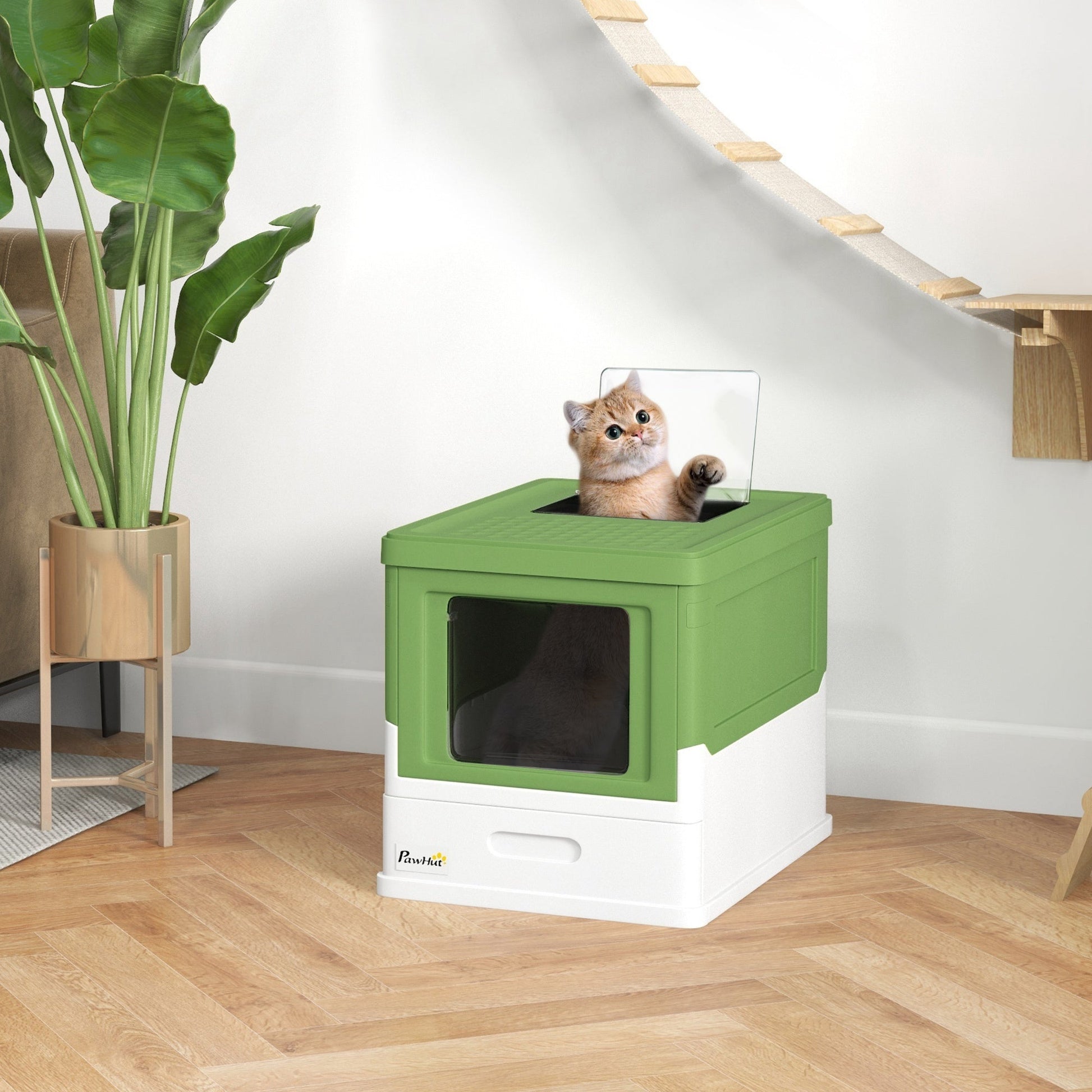 Cat Litter Tray with Hood Enclosed Cat Litter Box Pet Toilet w/ Lid, Scoop, Front Entry, 47.5 x 35.5 x 36.7cm - Light Green