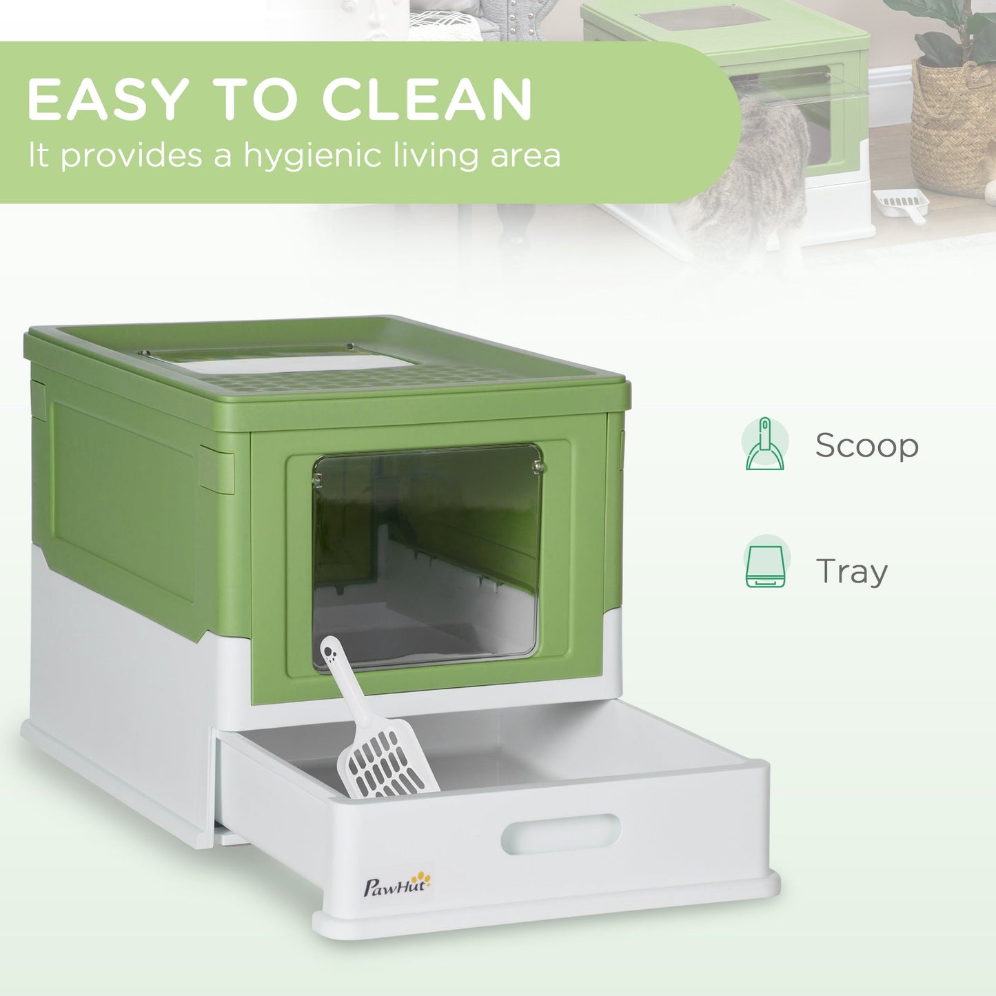 Cat Litter Tray with Hood Enclosed Cat Litter Box Pet Toilet w/ Lid, Scoop, Front Entry, 47.5 x 35.5 x 36.7cm - Light Green