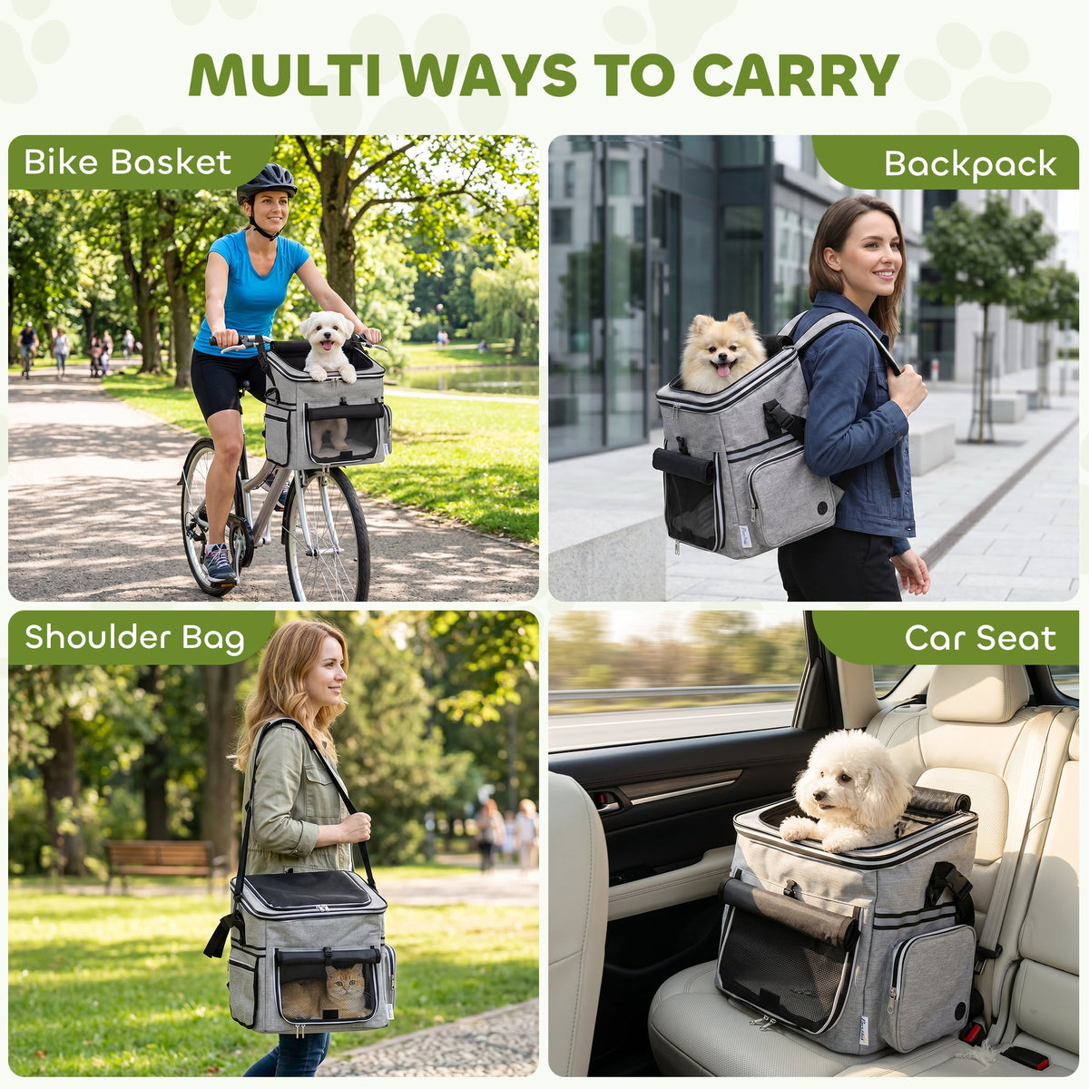 Dog Bike Basket, Soft-Sided Pet Carrier with Security Leash, Mesh Door & Window, Plush Cushion, Bowl for Small Dogs Cats, Up to 5 kg, Portable Breathable, Light Grey