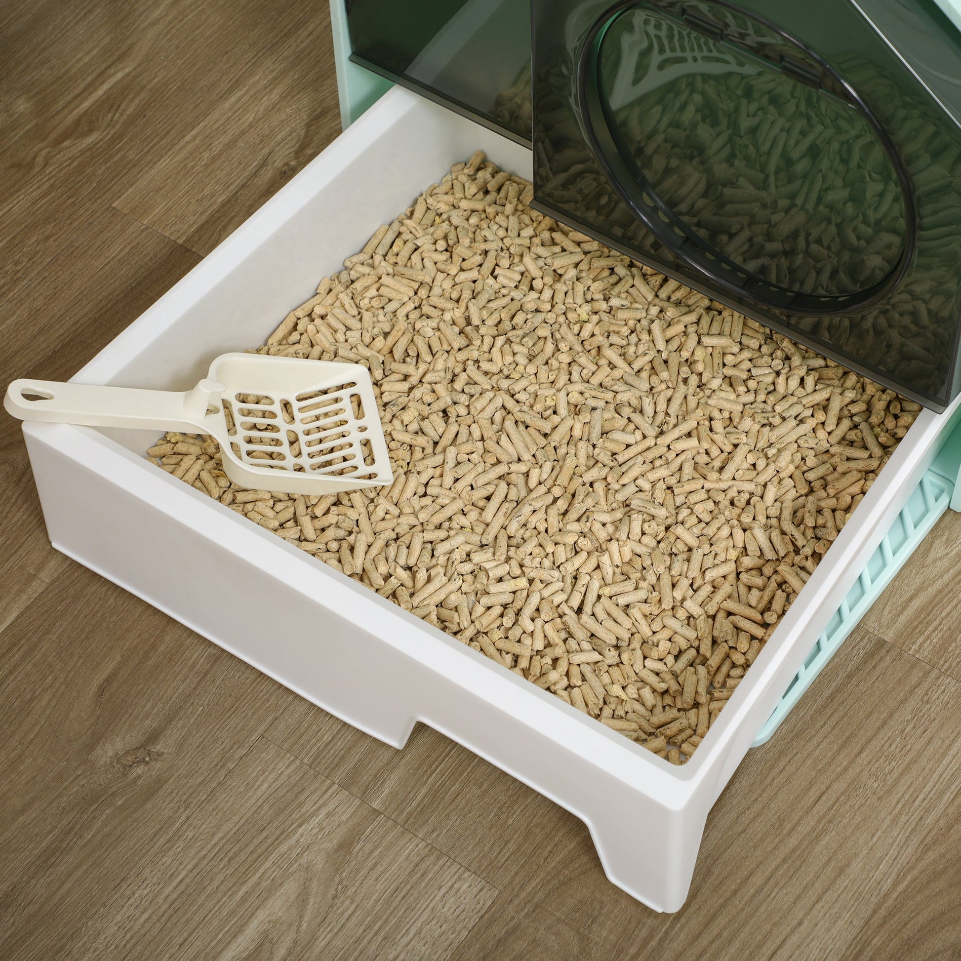 Hooded Cat Litter Tray with Scoop, Cat Litter Box with Drawer Pan, Handle, Deodorants, Hut Design, Front Entrance, 47 x 45 x 42cm - Light Blue