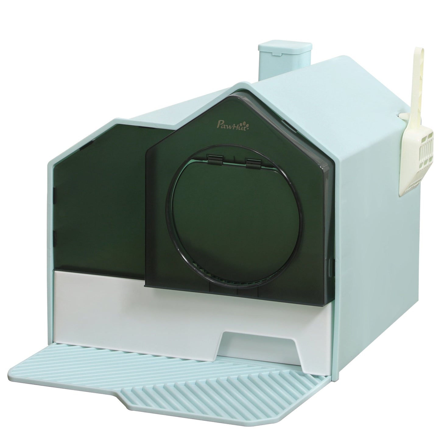 Hooded Cat Litter Tray with Scoop, Cat Litter Box with Drawer Pan, Handle, Deodorants, Hut Design, Front Entrance, 47 x 45 x 42cm - Light Blue