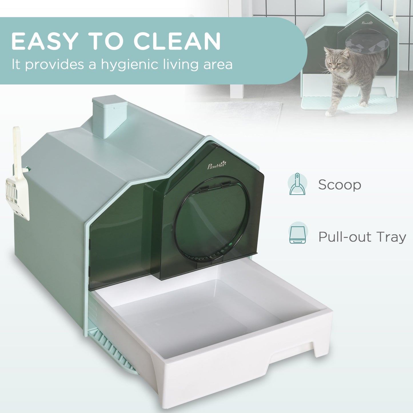 Hooded Cat Litter Tray with Scoop, Cat Litter Box with Drawer Pan, Handle, Deodorants, Hut Design, Front Entrance, 47 x 45 x 42cm - Light Blue