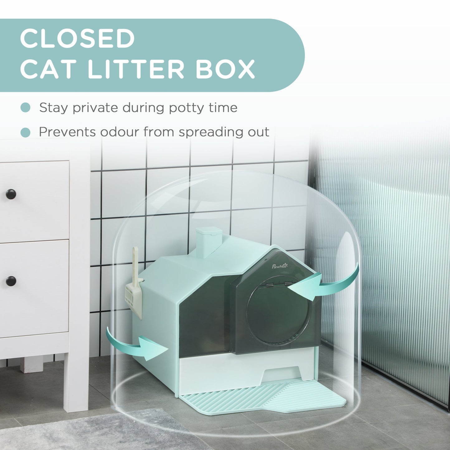 Hooded Cat Litter Tray with Scoop, Cat Litter Box with Drawer Pan, Handle, Deodorants, Hut Design, Front Entrance, 47 x 45 x 42cm - Light Blue