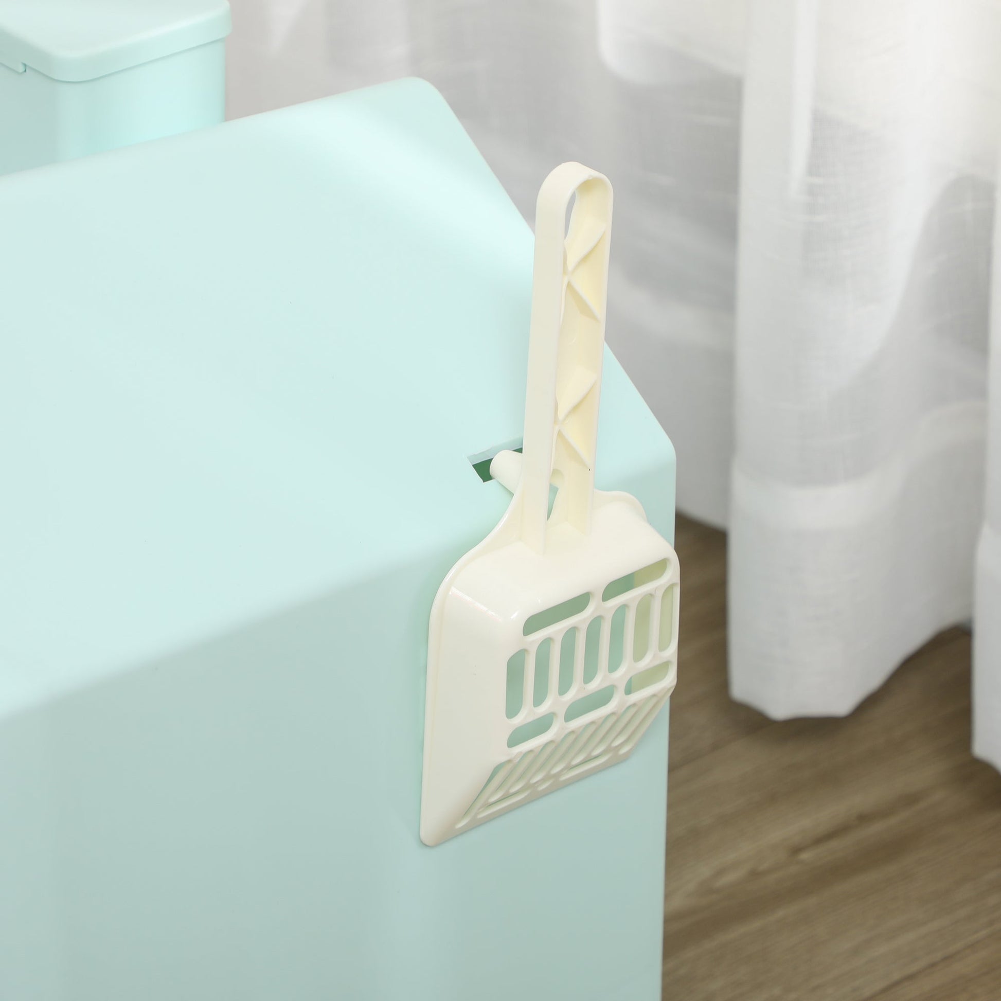 Hooded Cat Litter Tray with Scoop, Cat Litter Box with Drawer Pan, Handle, Deodorants, Hut Design, Front Entrance, 47 x 45 x 42cm - Light Blue