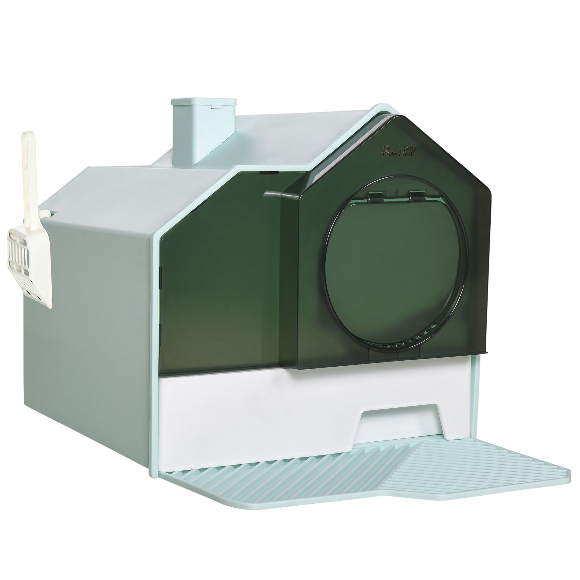 Hooded Cat Litter Tray with Scoop, Cat Litter Box with Drawer Pan, Handle, Deodorants, Hut Design, Front Entrance, 47 x 45 x 42cm - Light Blue