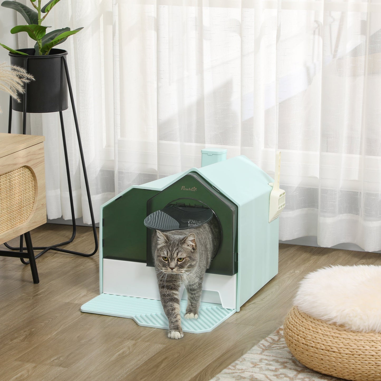 Hooded Cat Litter Tray with Scoop, Cat Litter Box with Drawer Pan, Handle, Deodorants, Hut Design, Front Entrance, 47 x 45 x 42cm - Light Blue