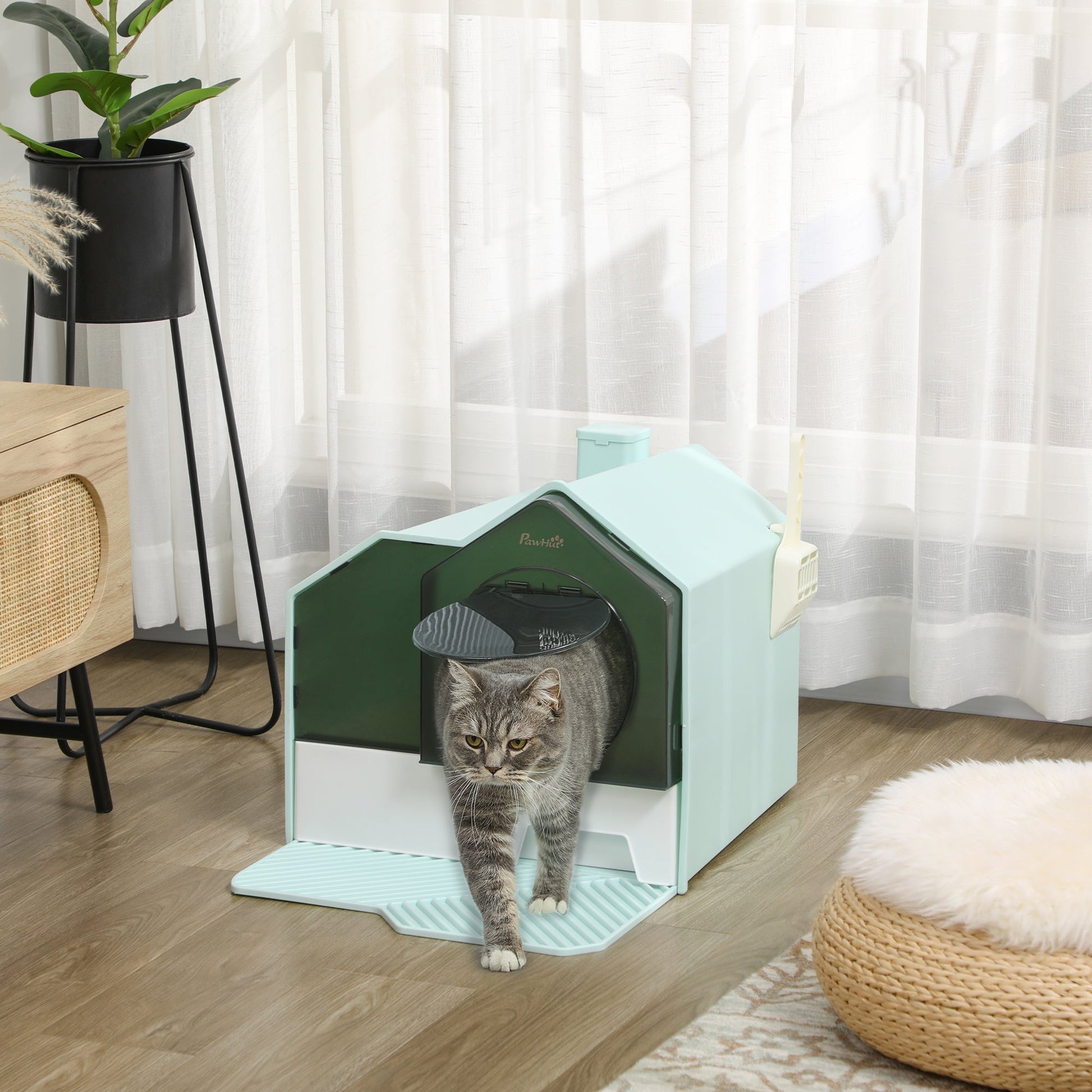 Hooded Cat Litter Tray with Scoop, Cat Litter Box with Drawer Pan, Handle, Deodorants, Hut Design, Front Entrance, 47 x 45 x 42cm - Light Blue