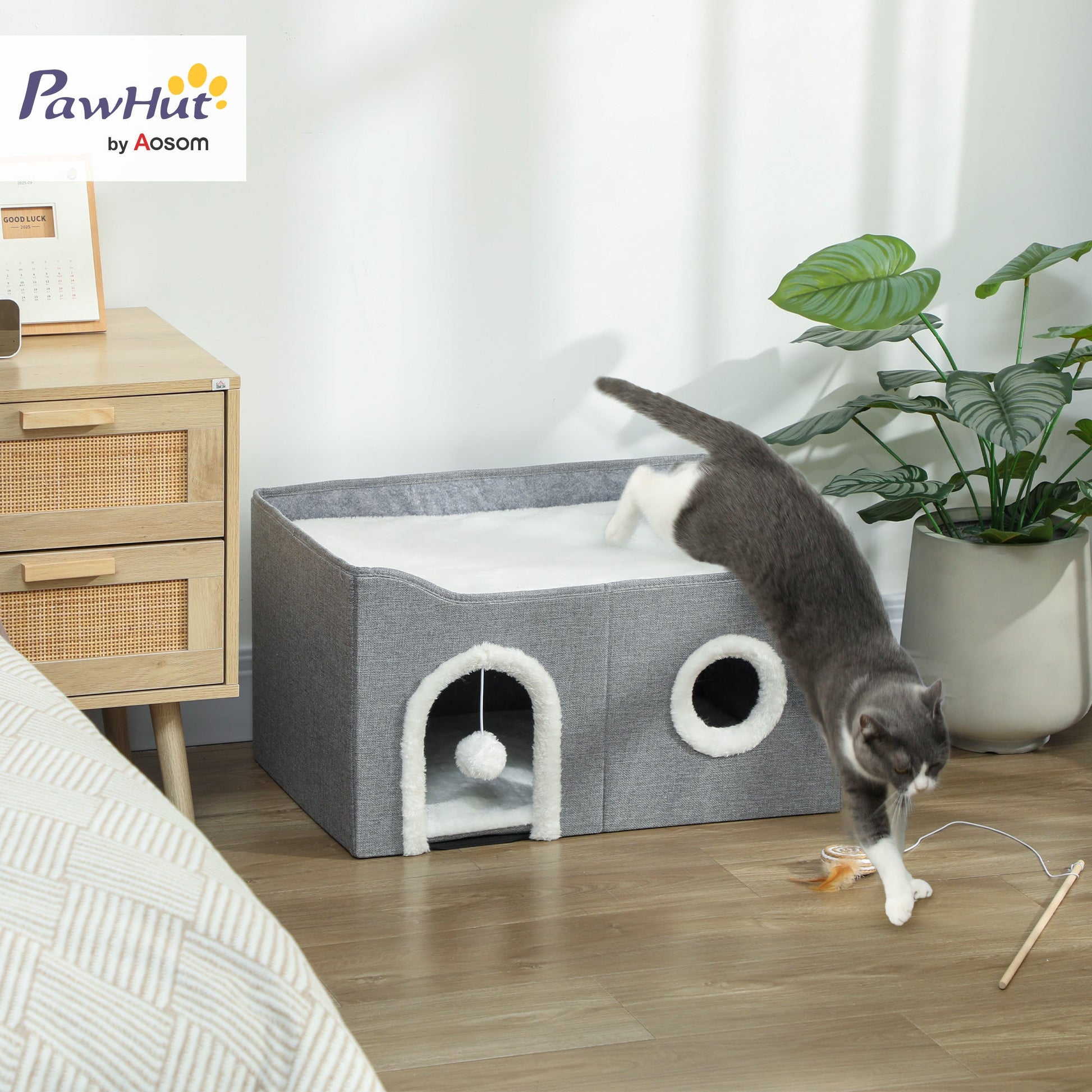 Cat House, Cat Bed for Indoor Pets, Foldable Kitten Cave with Fluffy Ball, Scratch Pad, Kitty Hideaway with Soft Cushions for Small, Medium Cats, Grey