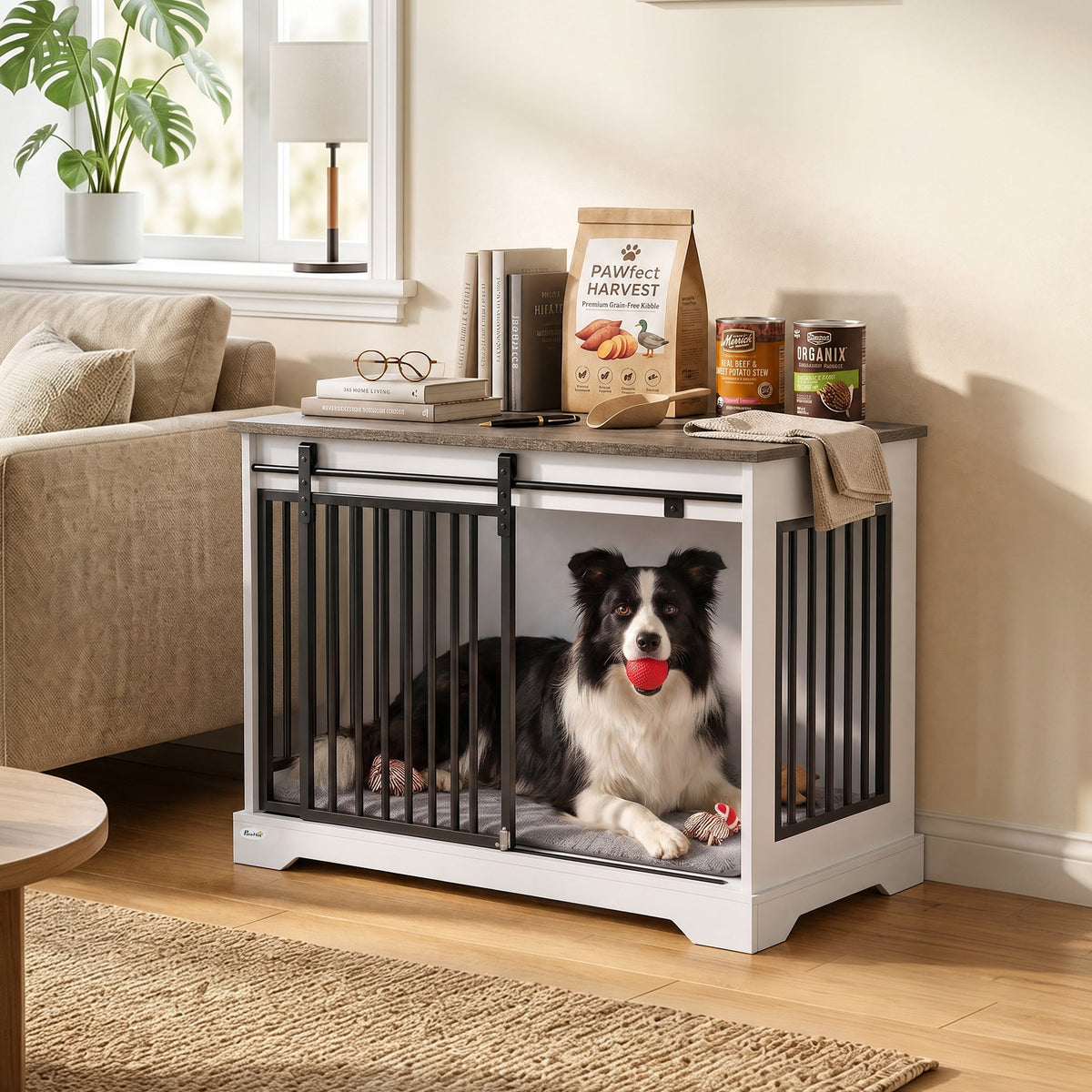 Dog Crate Furniture, 80 cm Double Door Wooden Dog Crate with Sliding Barn Door, Indoor Kennel End Table for Medium Breeds, Anti-Chew Steel Puppy Cage, White