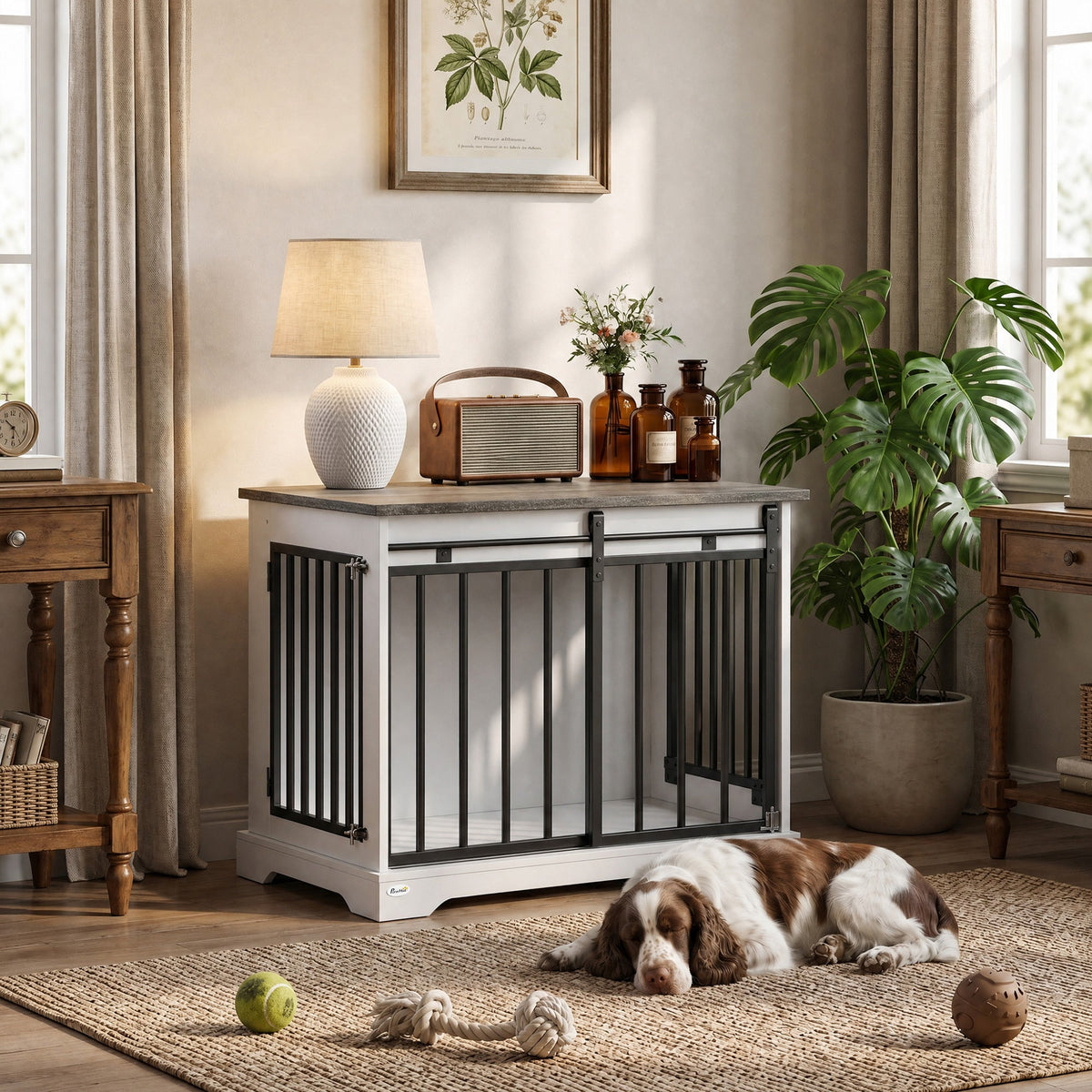Dog Crate Furniture, 80 cm Double Door Wooden Dog Crate with Sliding Barn Door, Indoor Kennel End Table for Medium Breeds, Anti-Chew Steel Puppy Cage, White