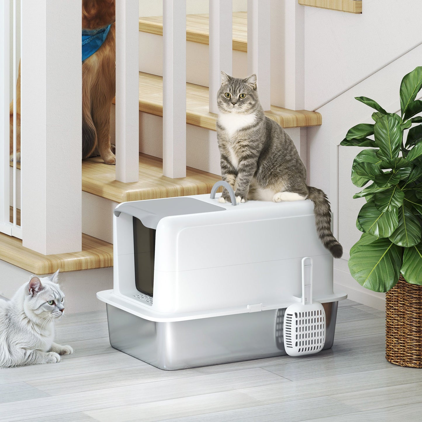 Stainless Steel Cat Litter Box, Extra Large Metal Cat Litter Tray with Lid, Scoop, Filter Bags, White