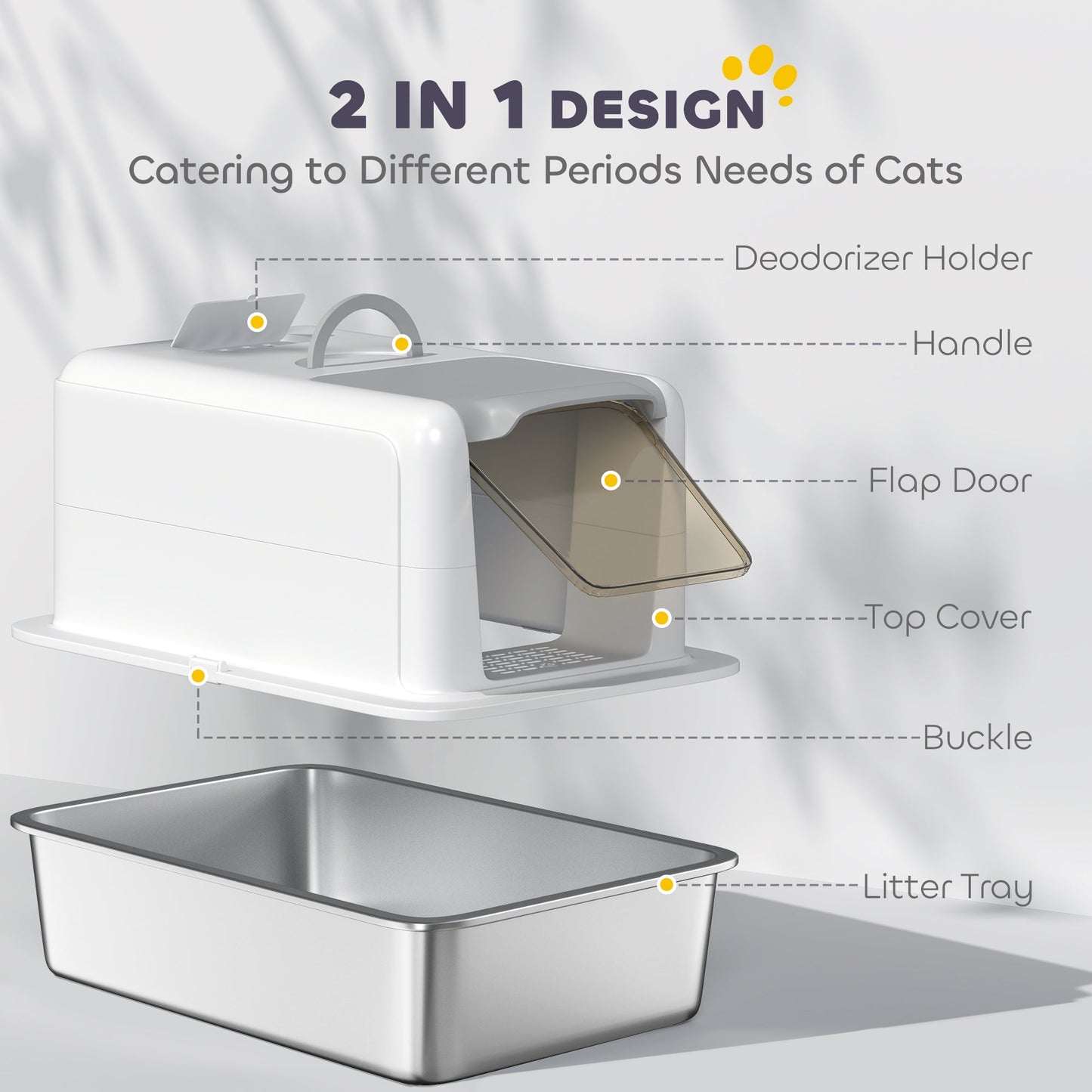 Stainless Steel Cat Litter Box, Extra Large Metal Cat Litter Tray with Lid, Scoop, Filter Bags, White