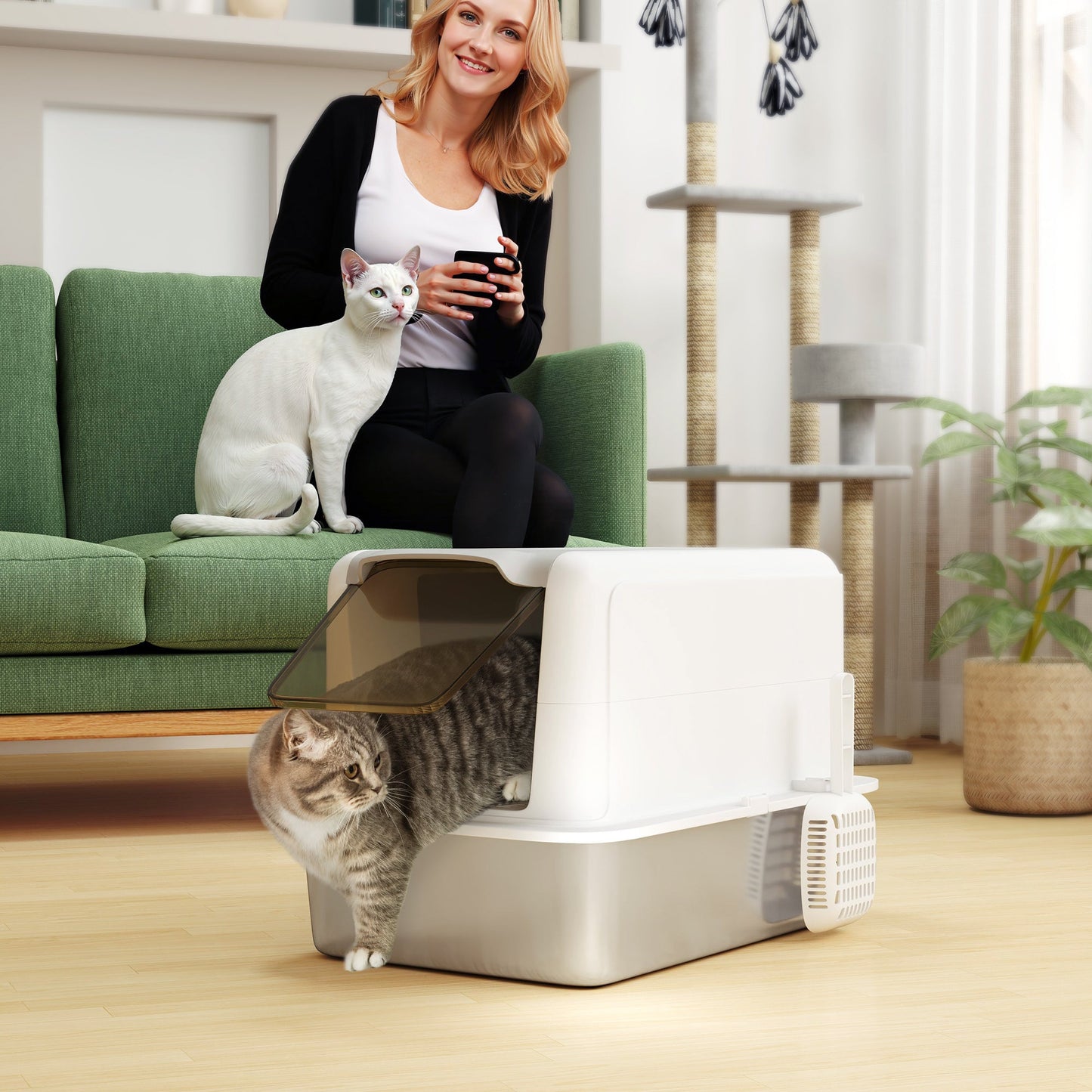 Stainless Steel Cat Litter Box, Extra Large Metal Cat Litter Tray with Lid, Scoop, Filter Bags, White