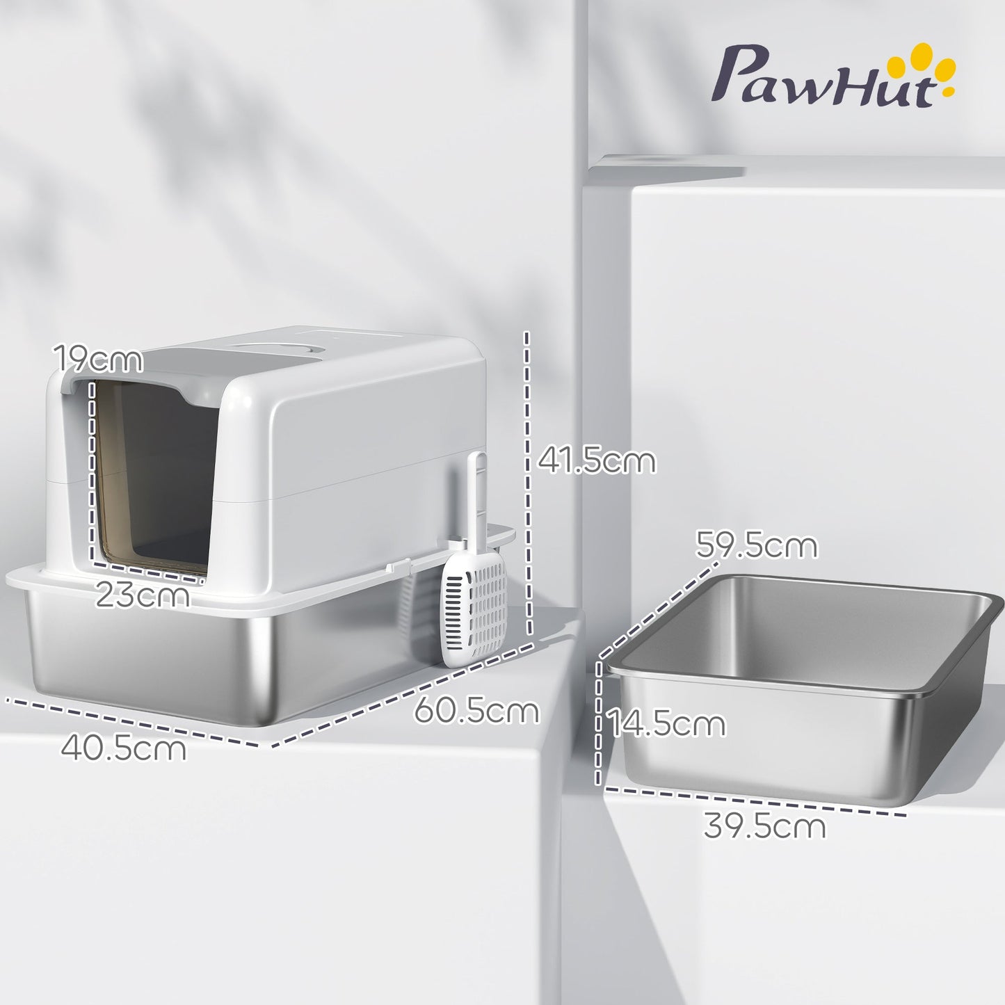 Stainless Steel Cat Litter Box, Extra Large Metal Cat Litter Tray with Lid, Scoop, Filter Bags, White