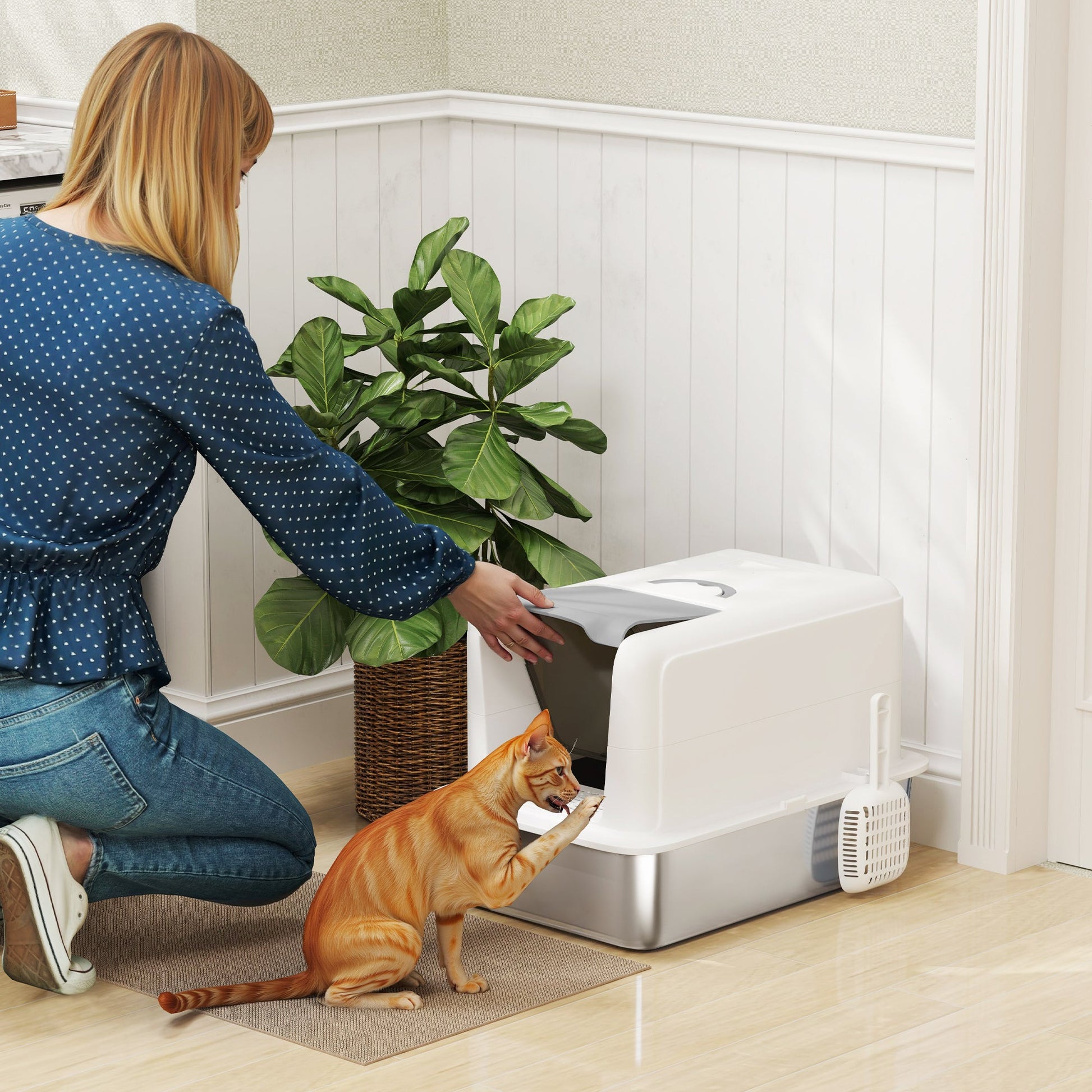 Stainless Steel Cat Litter Box, Extra Large Metal Cat Litter Tray with Lid, Scoop, Filter Bags, White