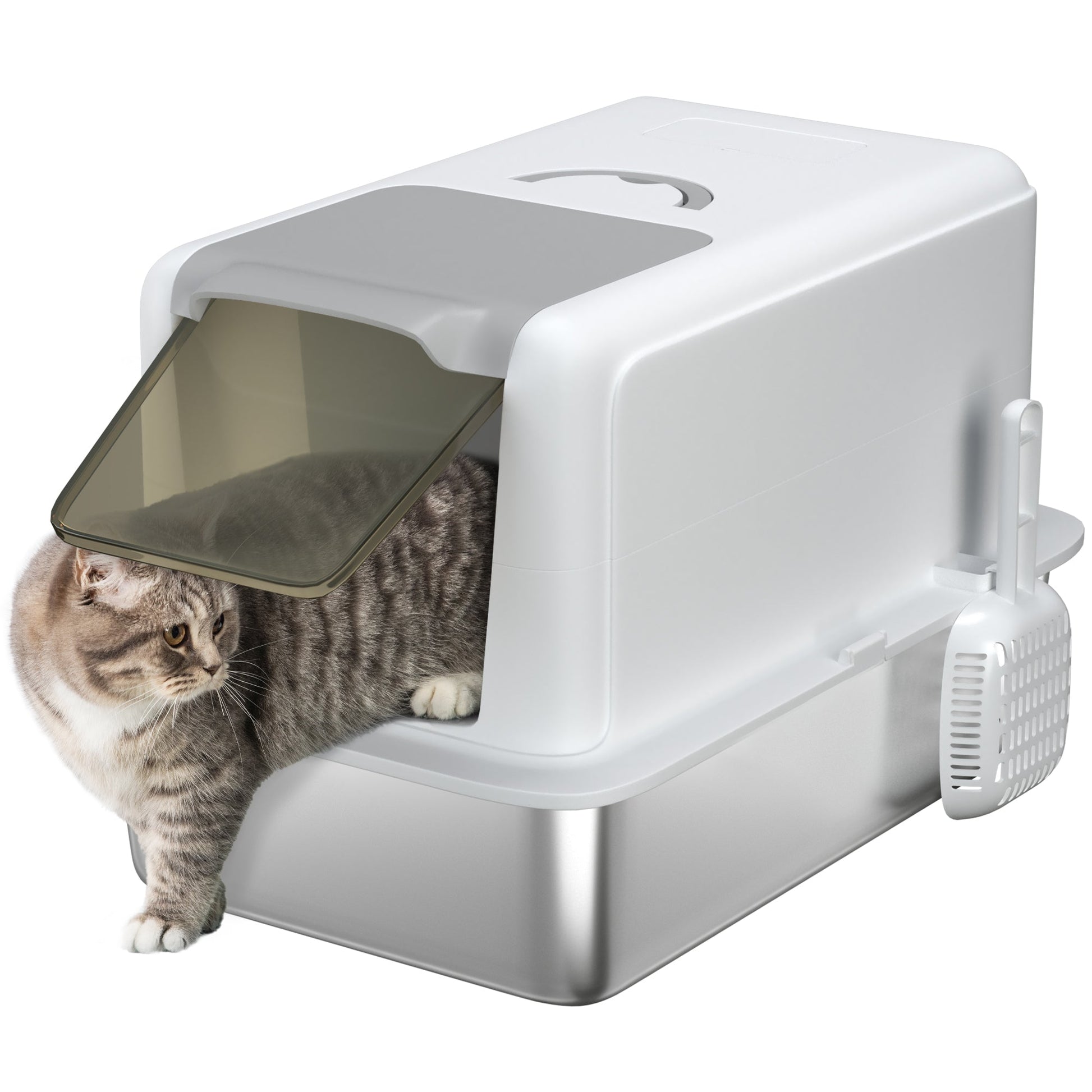 Stainless Steel Cat Litter Box, Extra Large Metal Cat Litter Tray with Lid, Scoop, Filter Bags, White